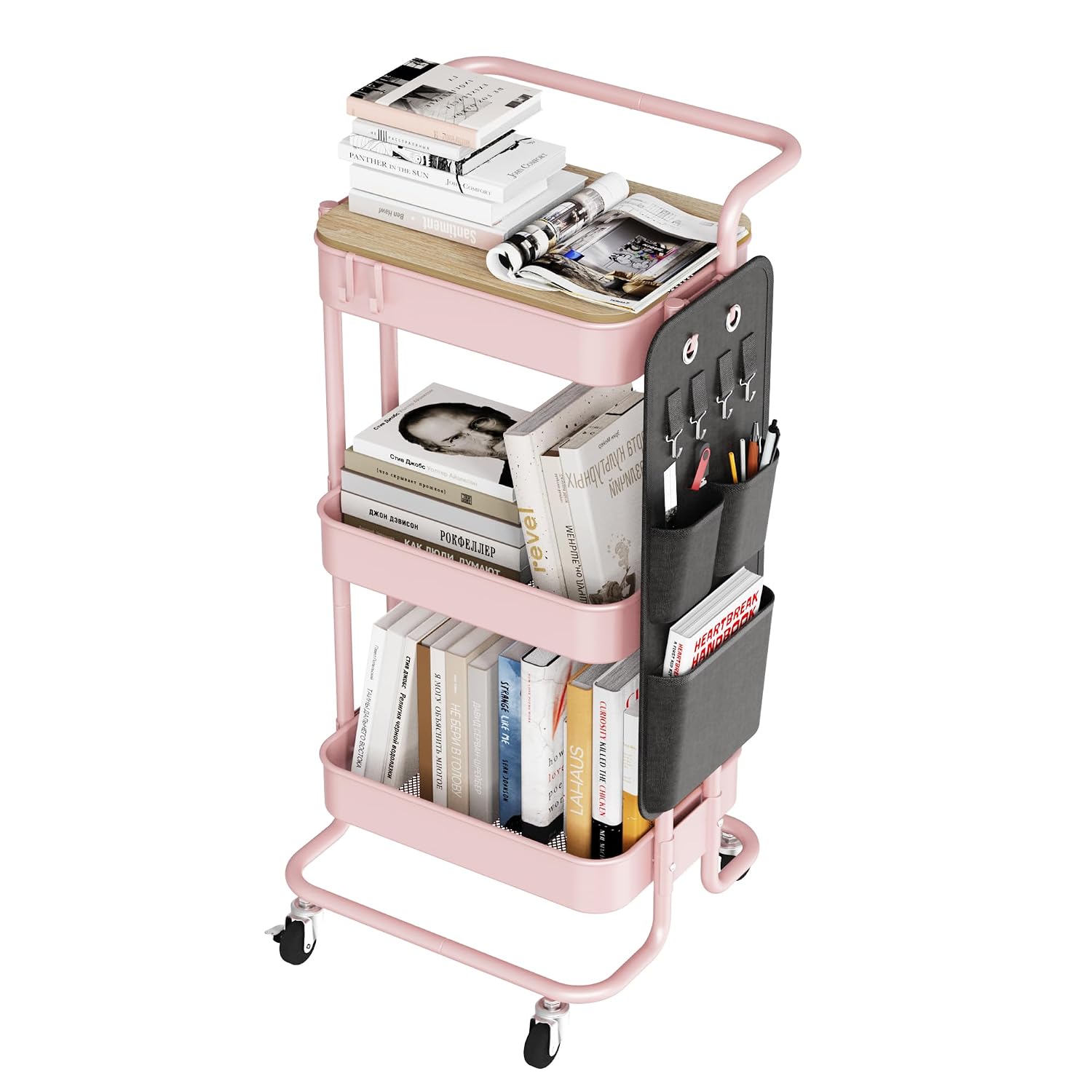 SPACELEAD 3-Tier Rolling Metal Utility Cart with Table Top Side Storage Bags 4 Hooks and Lockable Wheels for Kitchen Bathroom Office Craft Room