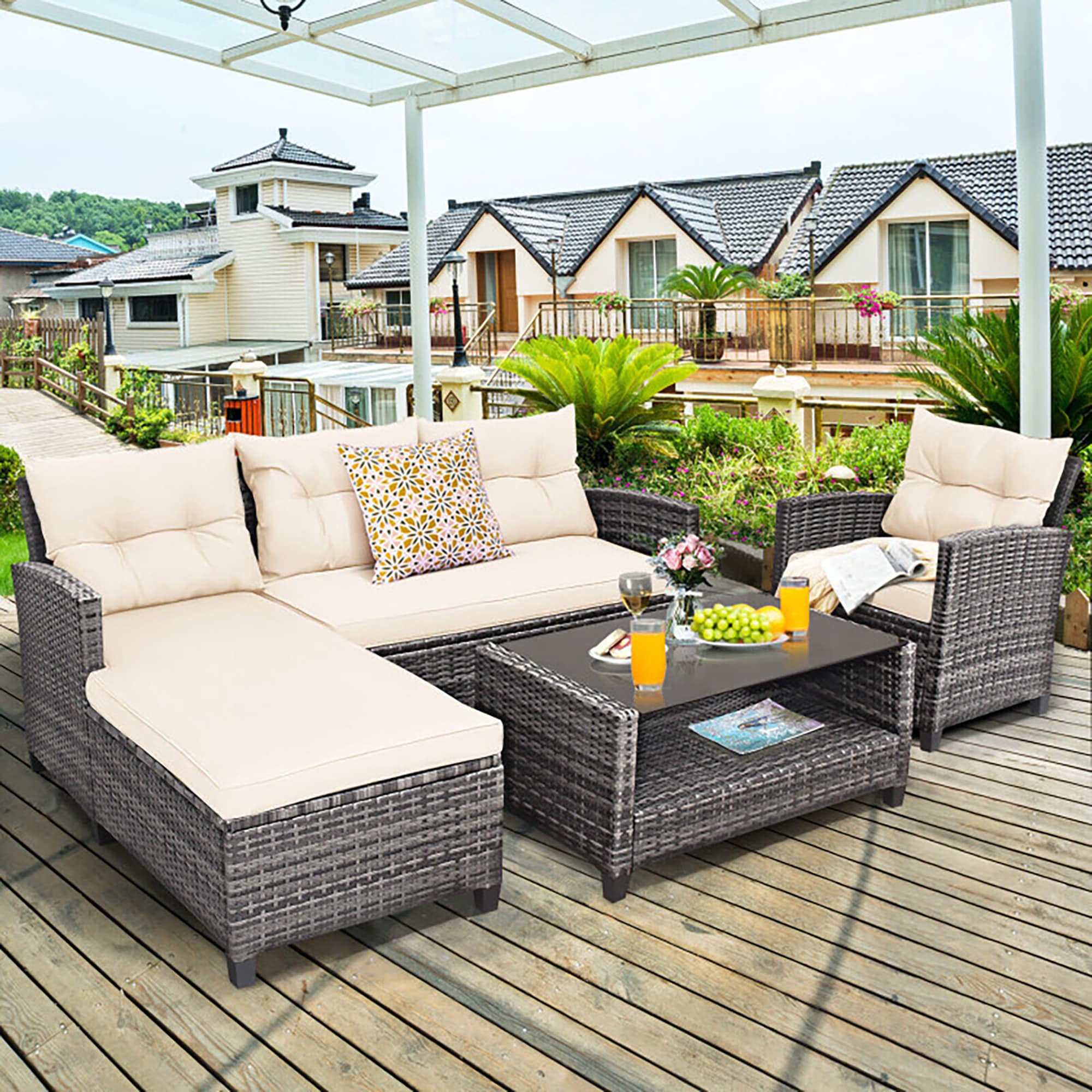 Forclover HYFL-569WH+ 4 Pieces Patio Rattan Furniture Set with Cushion and Table Shelf 4 -Piece Rattan Patio Conversation Set with Off-white Cushions