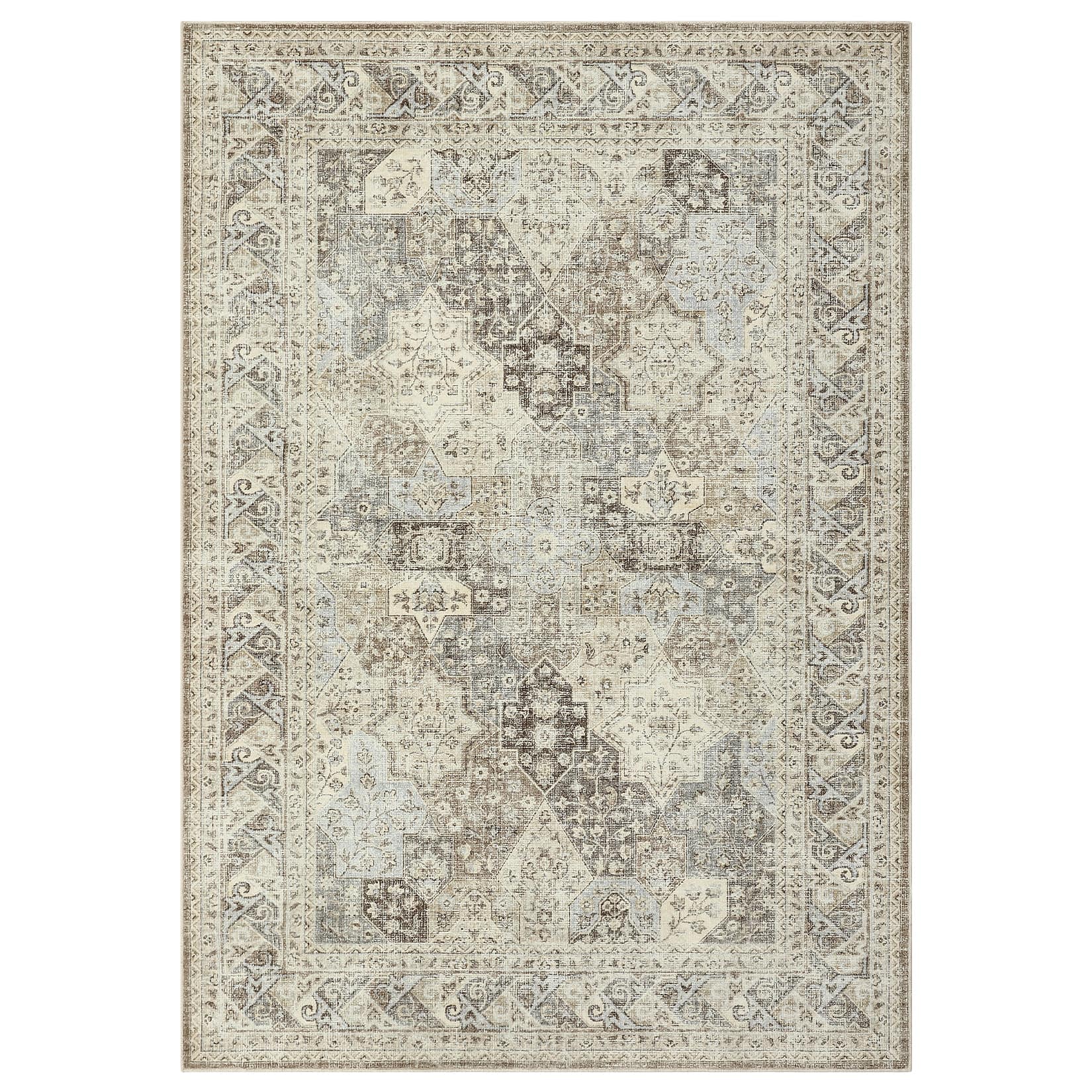 Qeetex LSN-PHO-10BJFZJI 4 x 6 ft Polyester Velvet Towel Brown Rectangular Hallway Bathroom Entryway Kitchen Office Foldable Flower Printed Persian Washable Area Rug