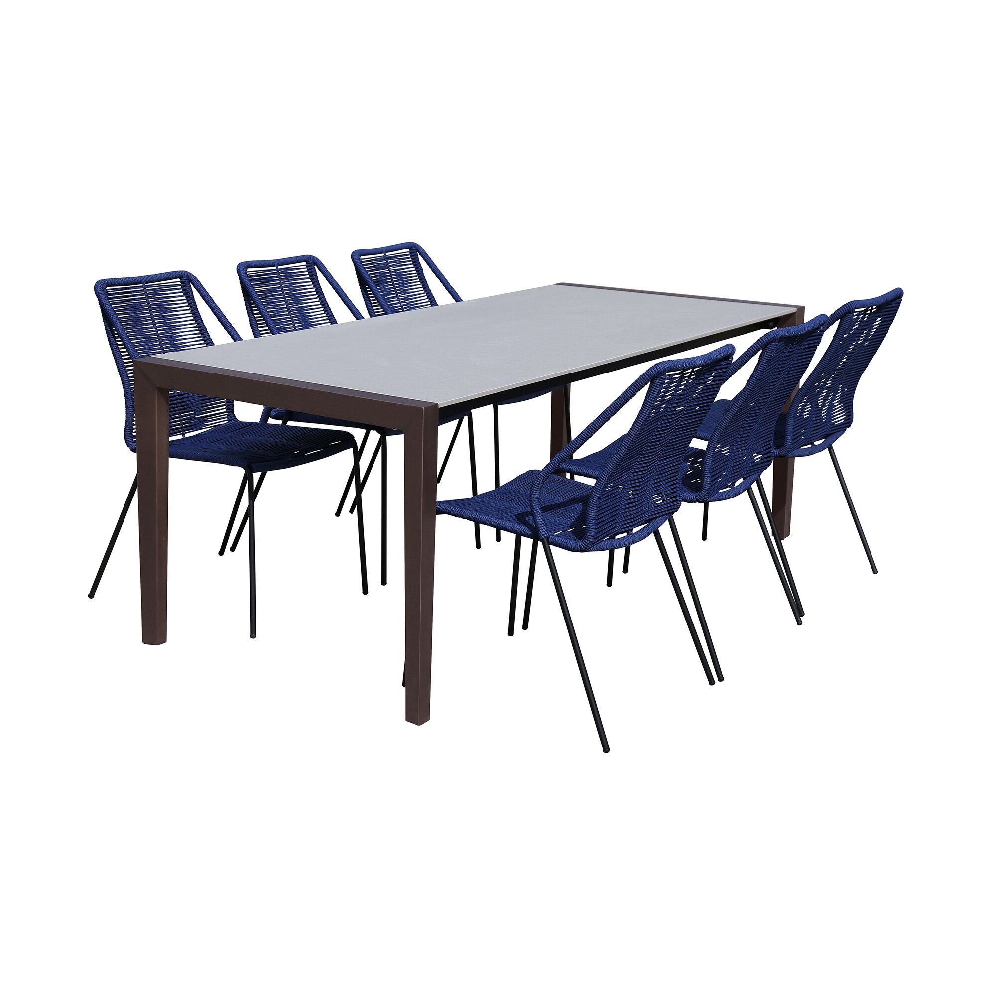 Armen Living SETFLDIDK7CPBLU Fineline and Clip 7 -Piece Natural Patio Dining Set Wood Rectangle Table with 6 Blue Stationary Chairs