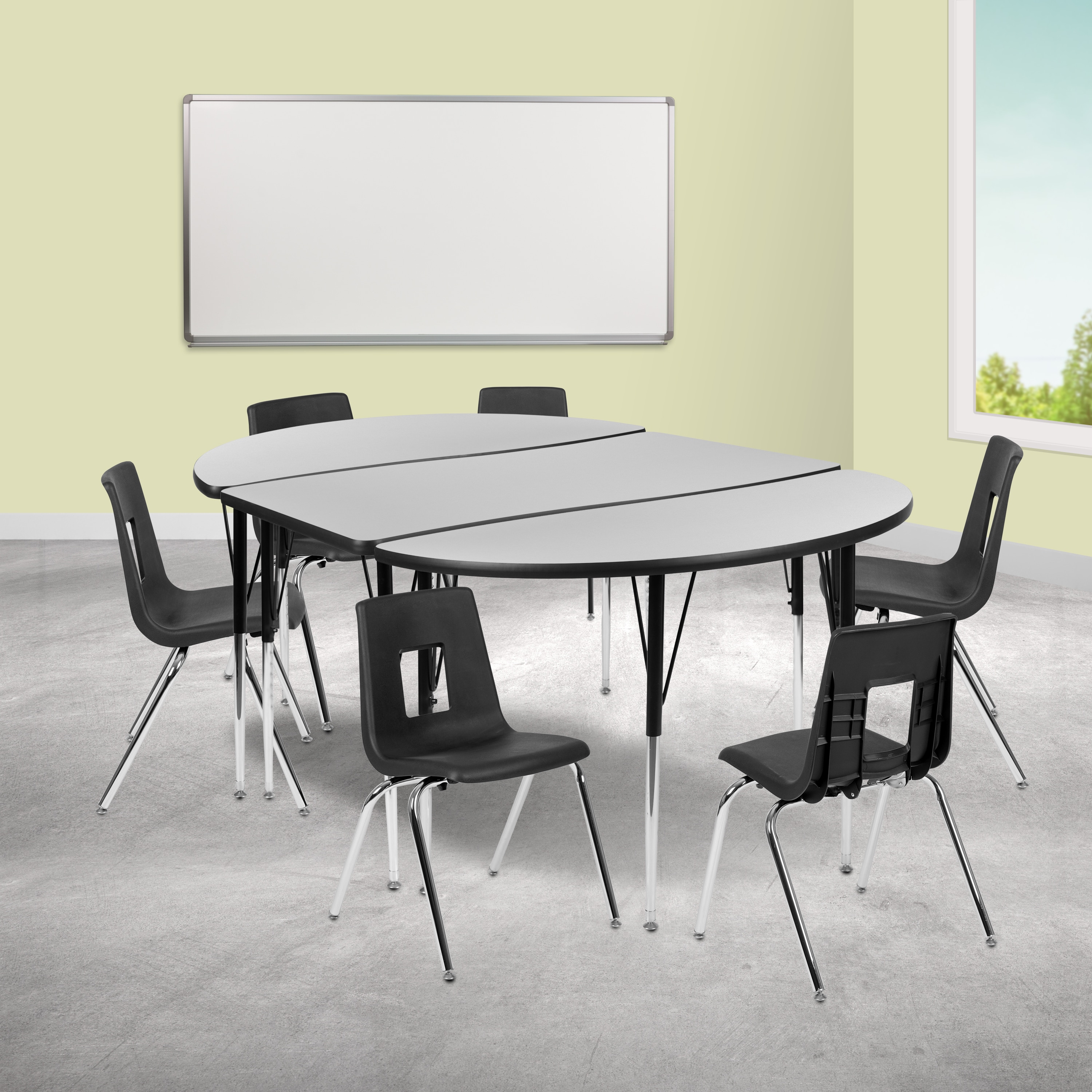 Flash Furniture 889142933038 Emmy 76-in Oval Wave Flexible Laminate Activity Table Set with 18-in Student Stack Chairs; Grey/Black