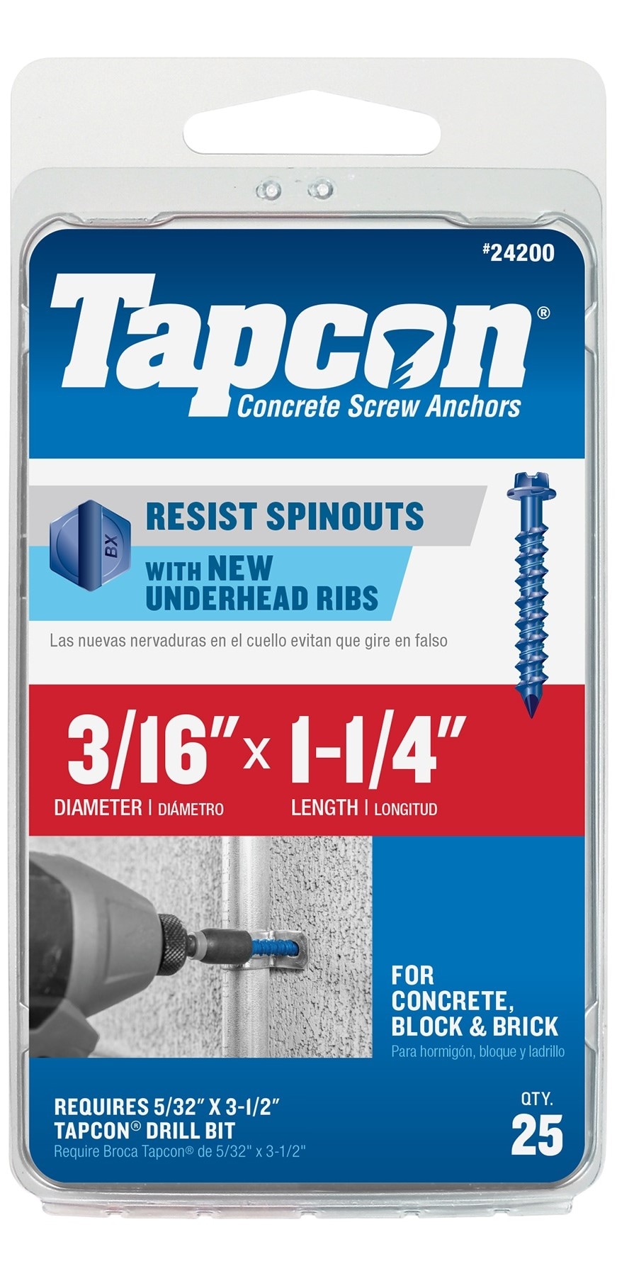 Tapcon 24200 3/16-in x 1-1/4-in Concrete Screws Anchors 25 -Pack