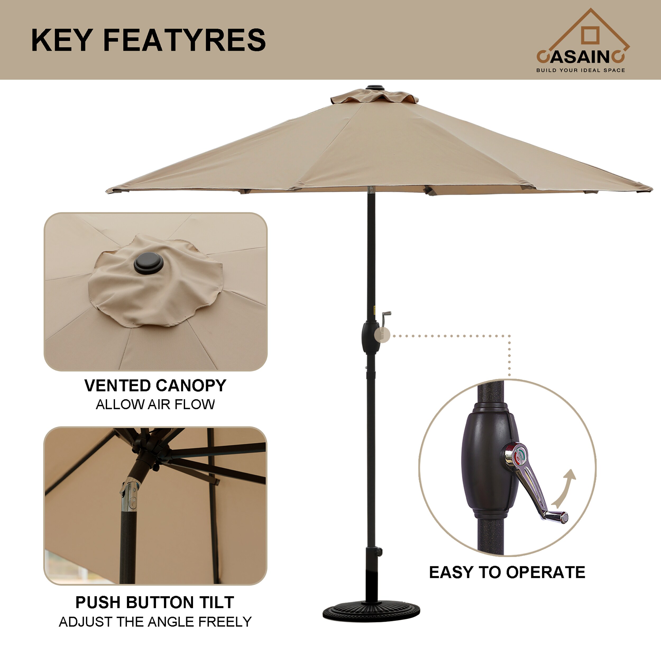 CASAINC 9-ft Steel Octagon Beige Crank Market Patio Umbrella in the ...