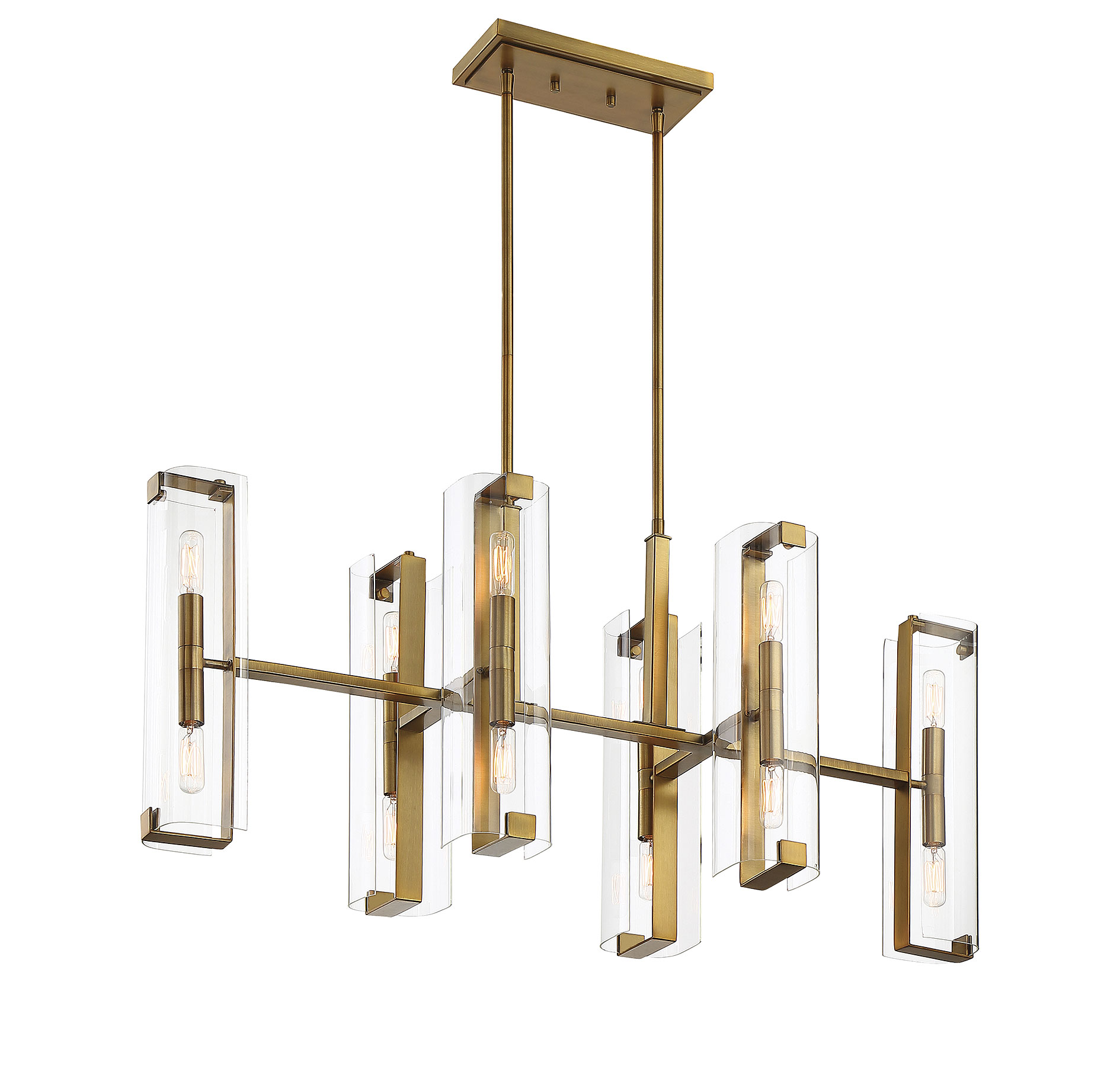 Warm Brass 12-Light Linear Chandelier with Clear Glass Shades