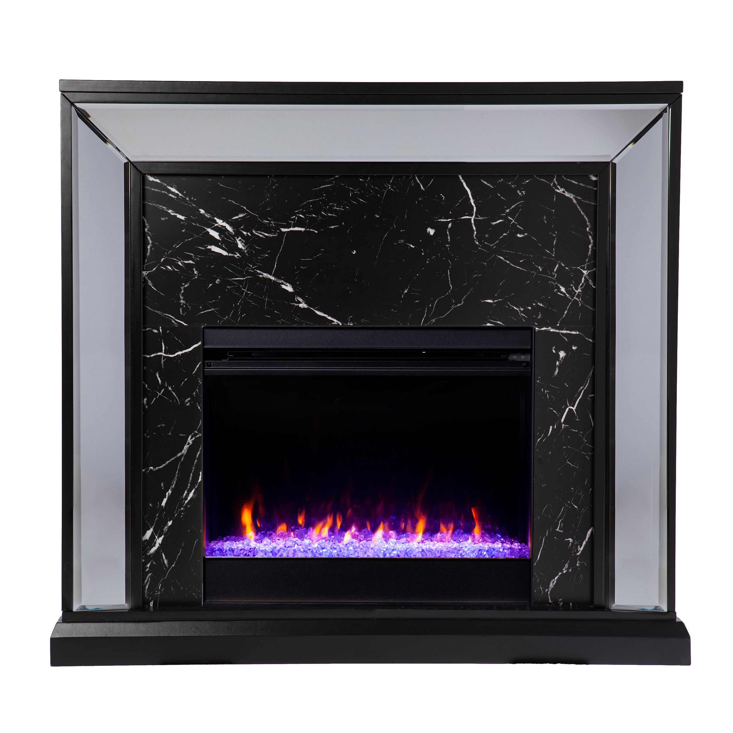 Southern Enterprises FC1137859 44-in W Antique Silver with Black Faux Marble, Mirror Free standing Fan-forced Flat wall Electric Fireplace with Remote Control Included