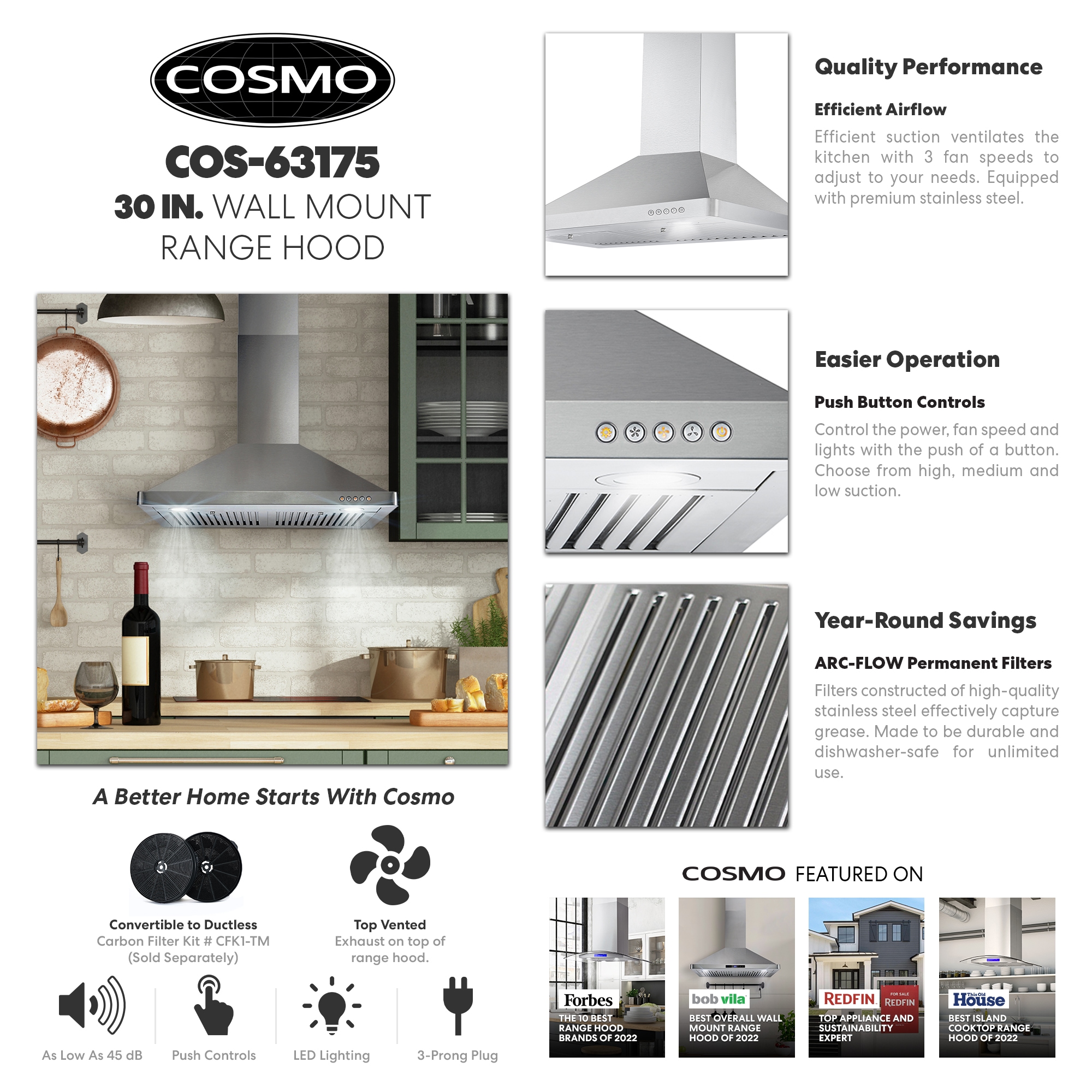 Cosmo 30-in 380-CFM Ductless Stainless Steel Wall-Mounted Range Hood with  Charcoal Filter