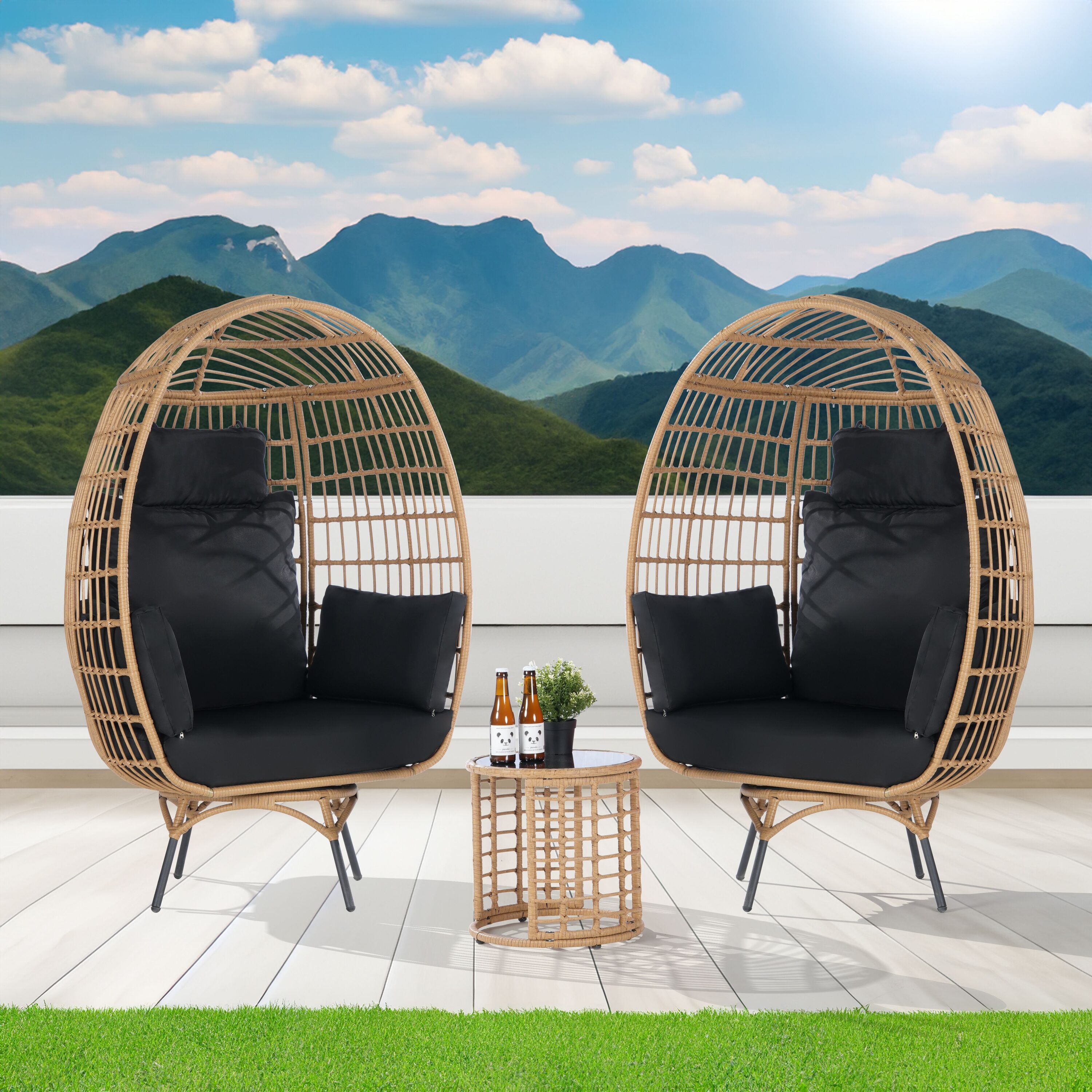 SANSTAR L-RJDC56BK-3P 3 -Piece Wicker Patio Conversation Set with Black Cushions