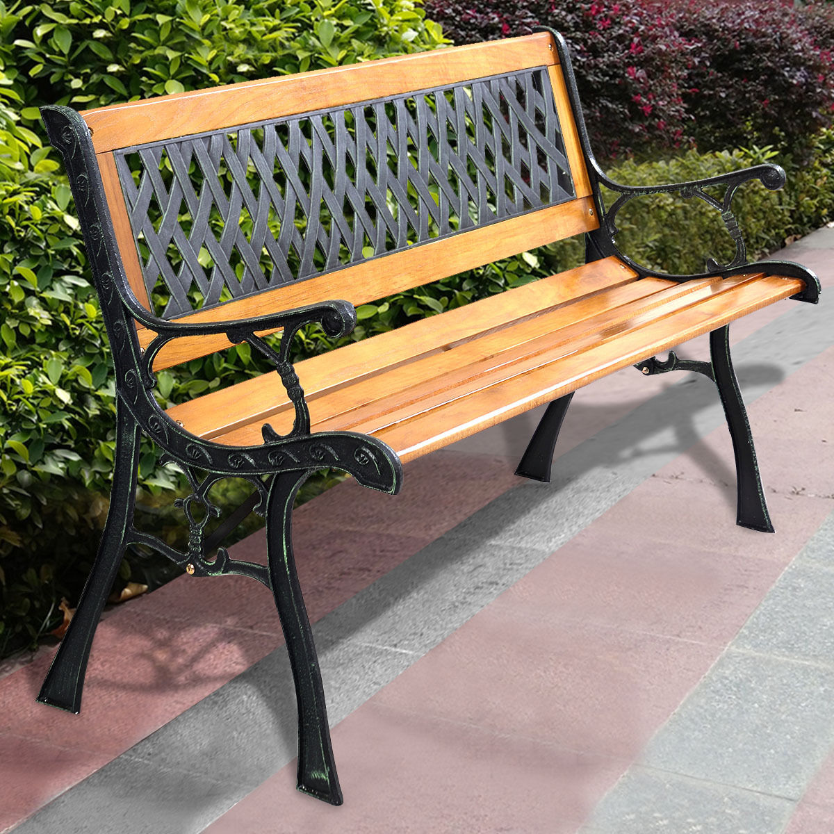 WELLFOR OUG69422 49.5-Inches W x 29-Inches H Black and Natural Iron Garden Bench