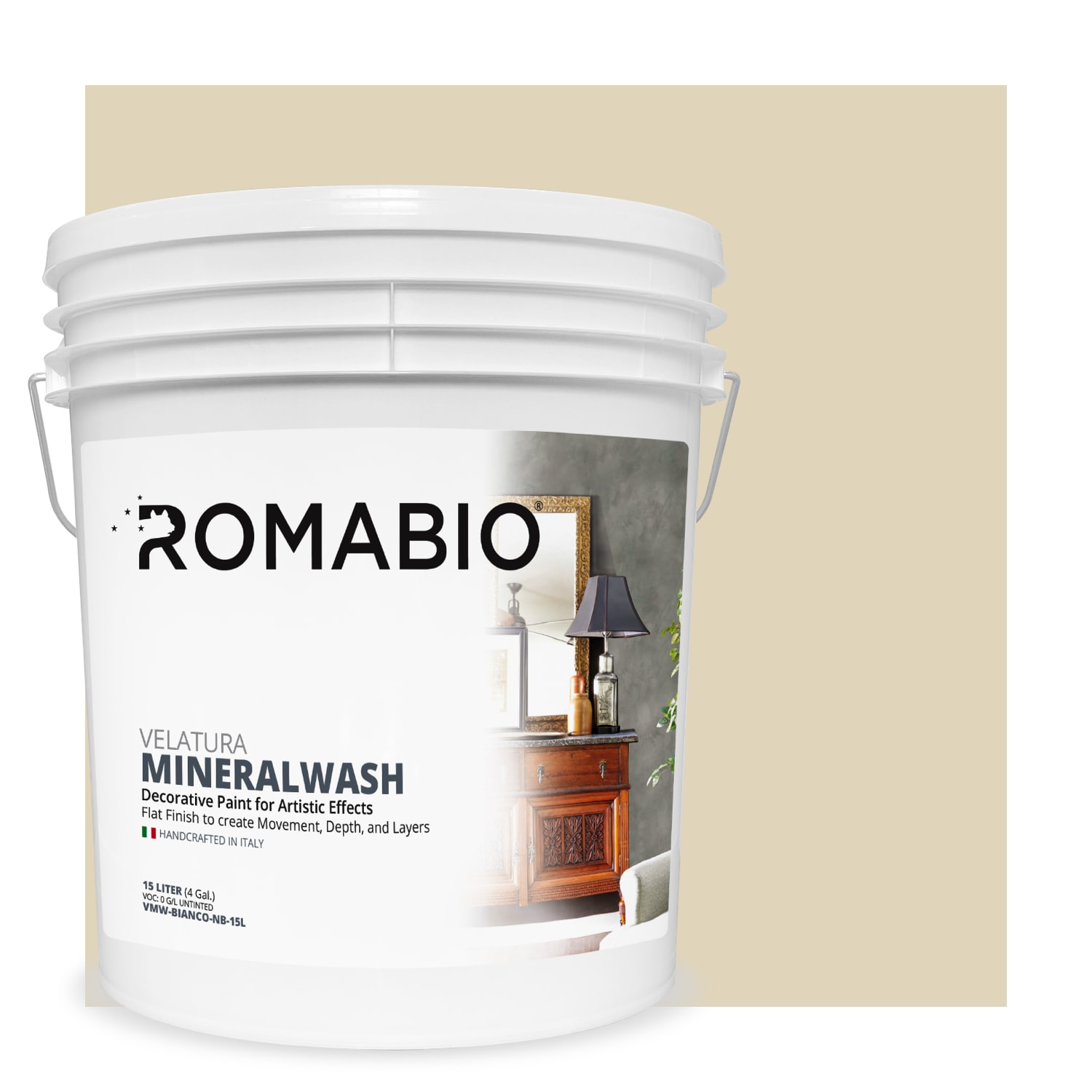 ROMABIO VMW-RIPOSO-NB-15L Flat Velatura Mineralwash Riposo Beige Lime Interior Paint Paint + Primer ( 4-gallon )