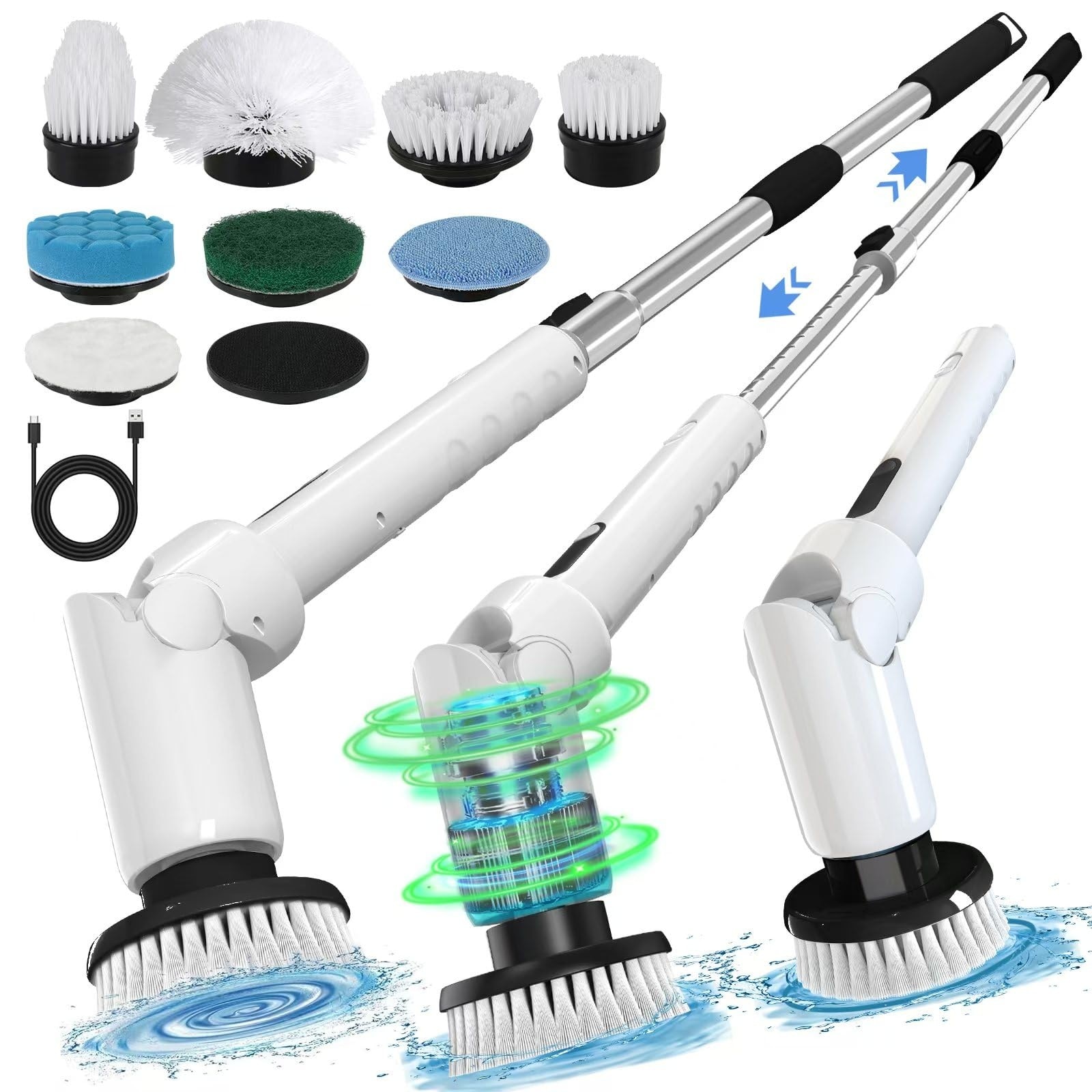 Anqtovp  Electric Spin Scrubber Cordless Cleaning Brush with 8 Brush Heads 2 Speeds Digital Display IPX7 Waterproof Adjustable Long Handle for