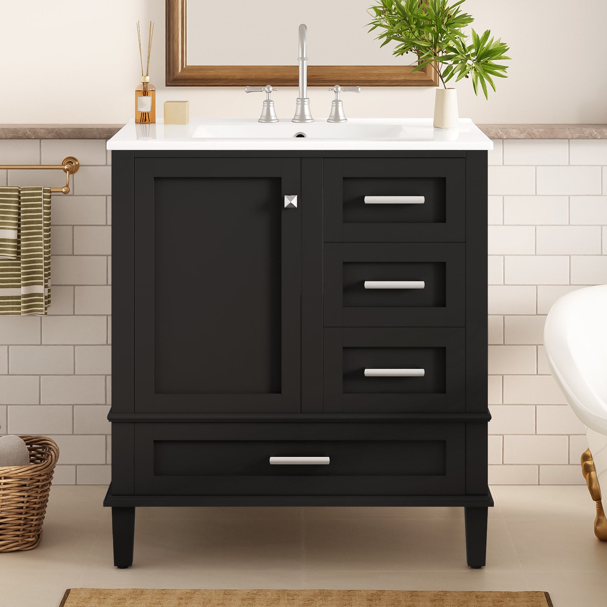 Afhocomp 30-in Single Sink Freestanding Black Bath Vanity with White Integral Ceramic Basin