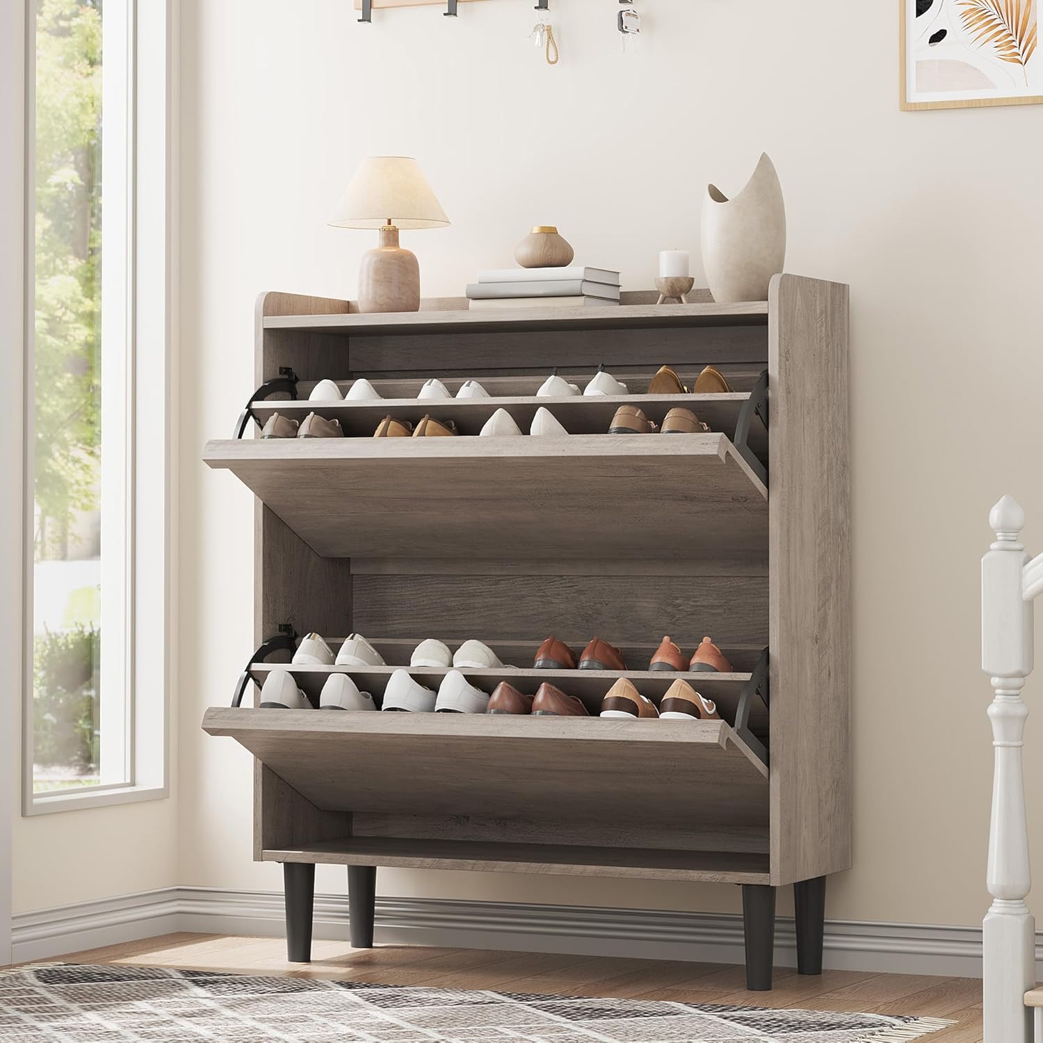 GAOMON Wooden Shoe Cabinet with 2 Flip Drawers with Adjustable Shelf Grey