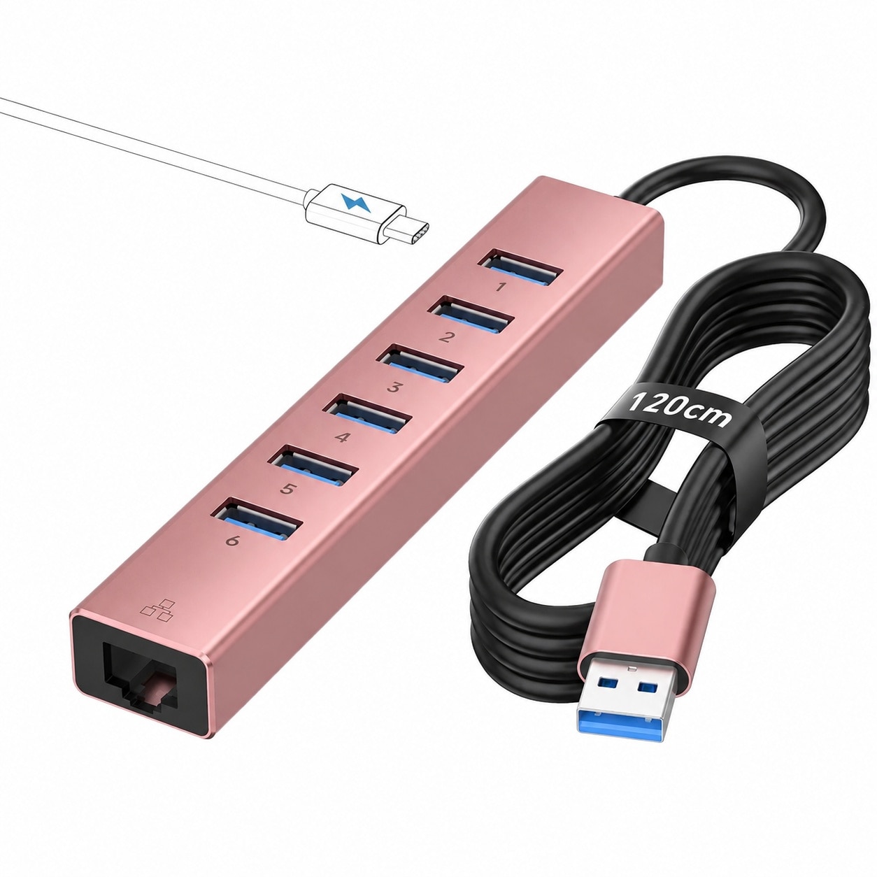 Adrinfly  Aluminum USB 3.0 Hub with Gigabit Ethernet Port and USB C Charging Port 8 Ports USB Hub for Laptop PC Mac Rose Gold