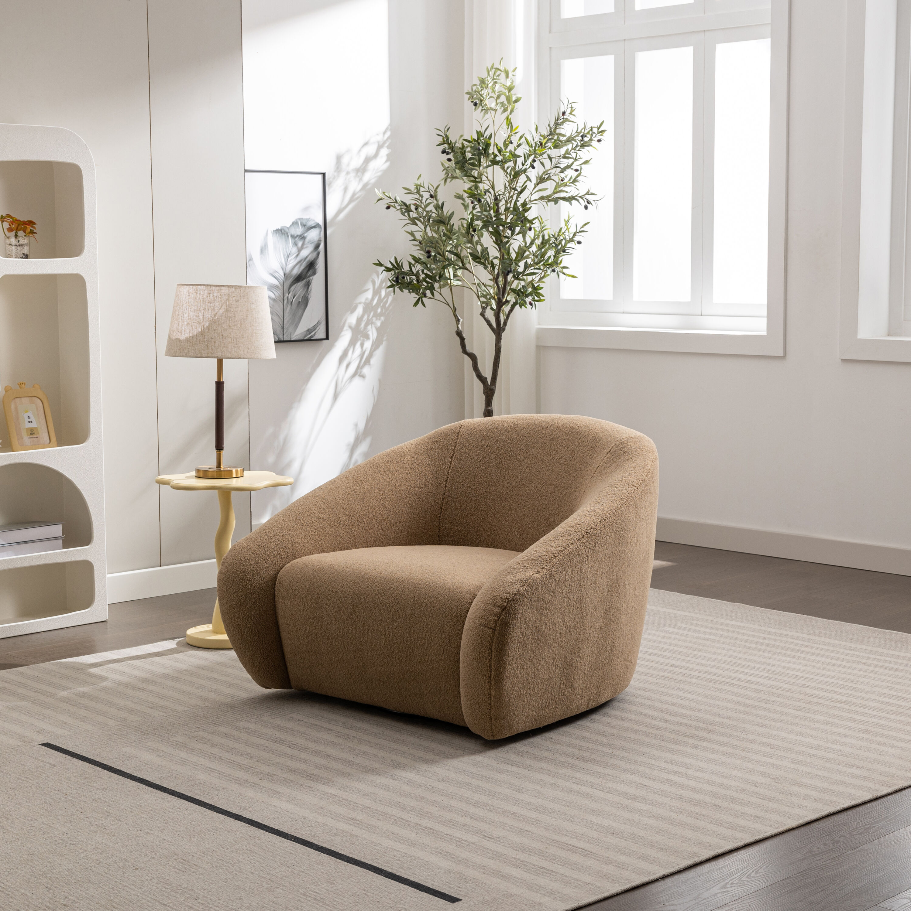 Roundhill Furniture AC507CM Luzern Modern Camel Boucle Swivel Accent Chair