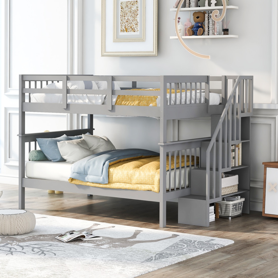 CHITA Full Over Full Wooden Bunk Bed with Safety Guardrails Built In Storage Shelves Staircase Gray