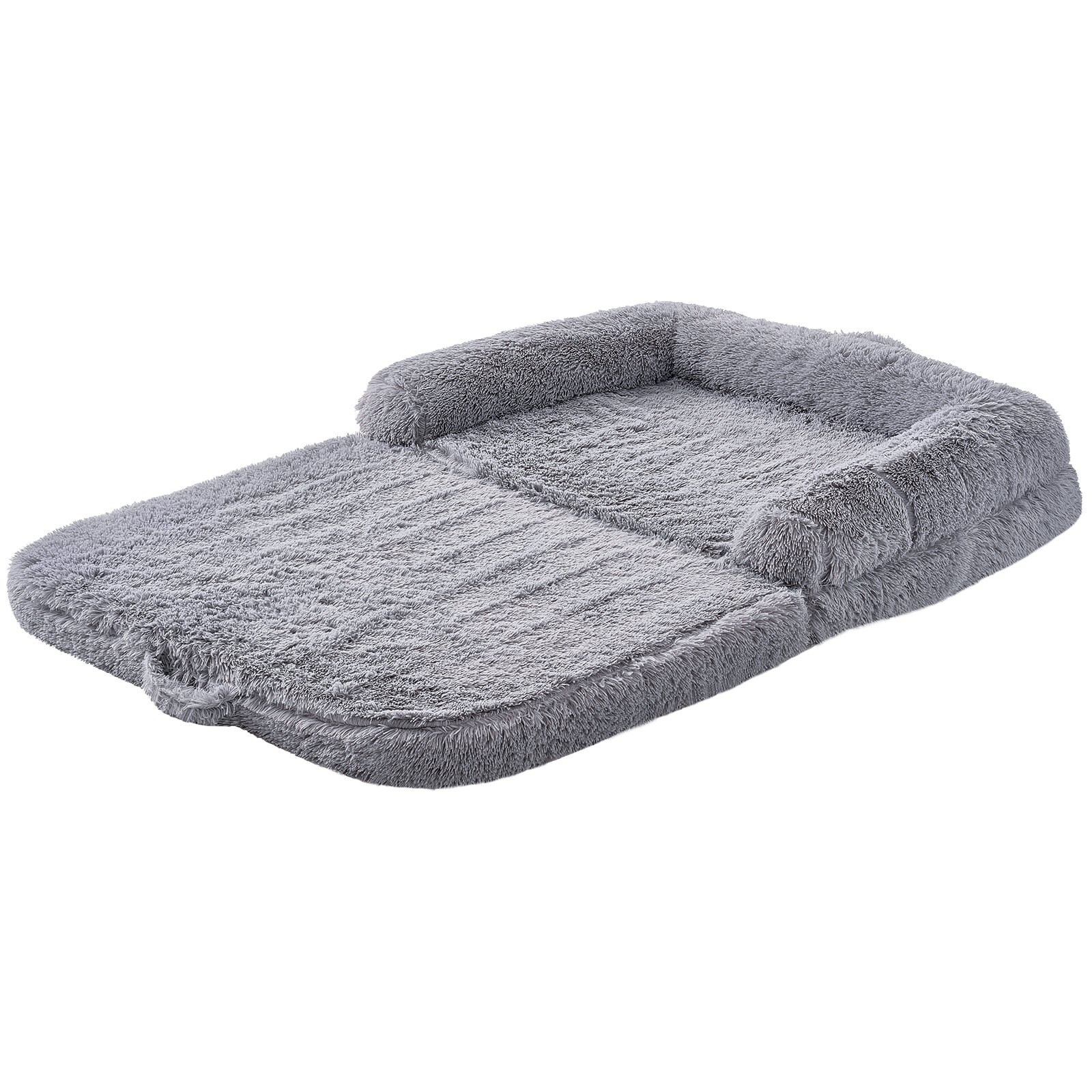 Slickblue - Rectangle Gray PV Velvet Floor Lounge Human Dog Bed with Half Surround Bolster Extra ...