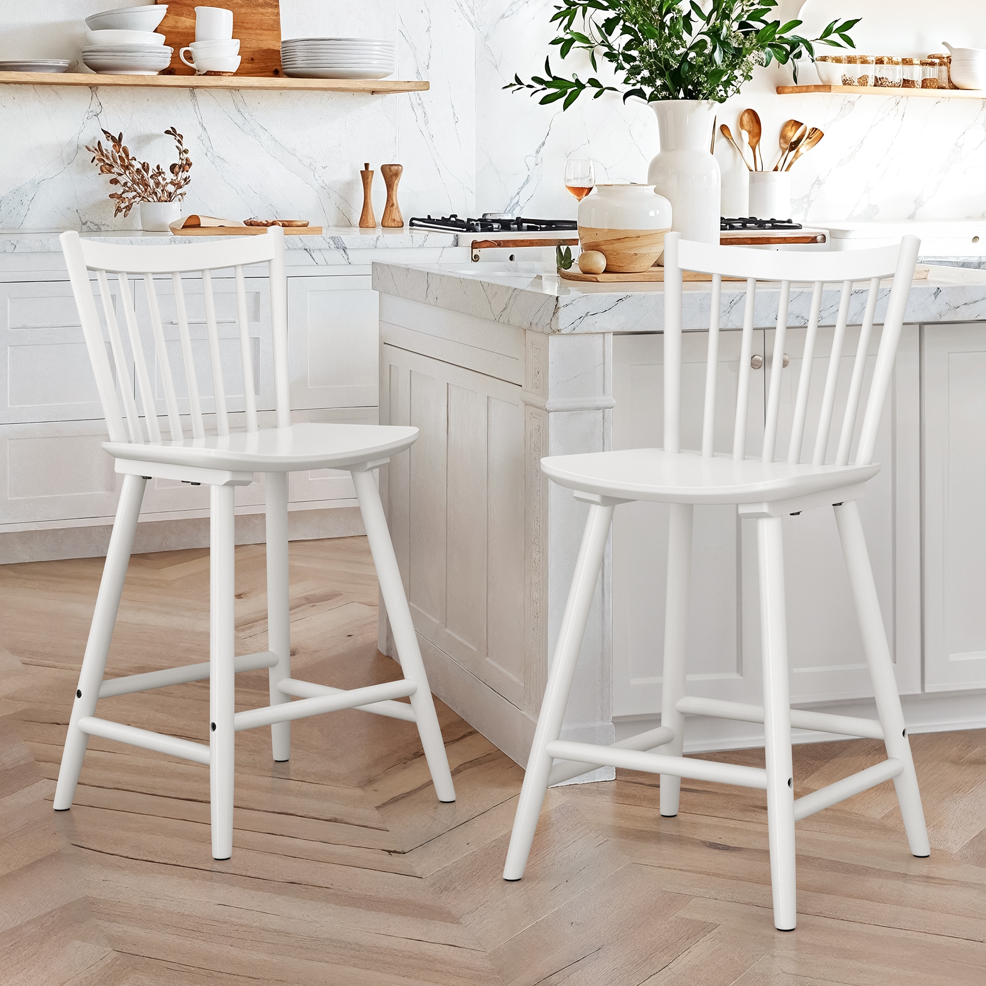 LUE BONA YB-147-02LS Set of 2 White 24-in H Counter height (24-in to 27-in) Square Seat Wood Back Bar Stool Back