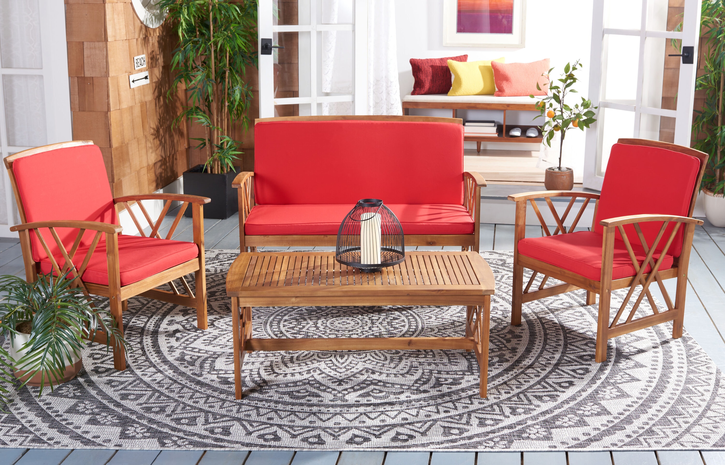 Safavieh PAT7008R Patio 4 -Piece Patio Conversation Set with Red Cushions