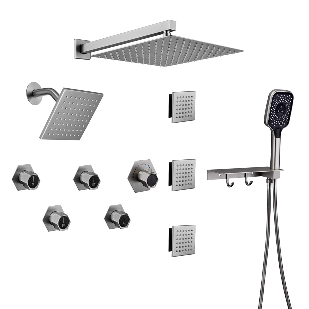 Mondawe MD-BN-6105 Thermostatic Brushed Nickel 12-in Dual Head Built-In Shower Faucet System with 4-way Diverter ( Thermostatic Valve Included )
