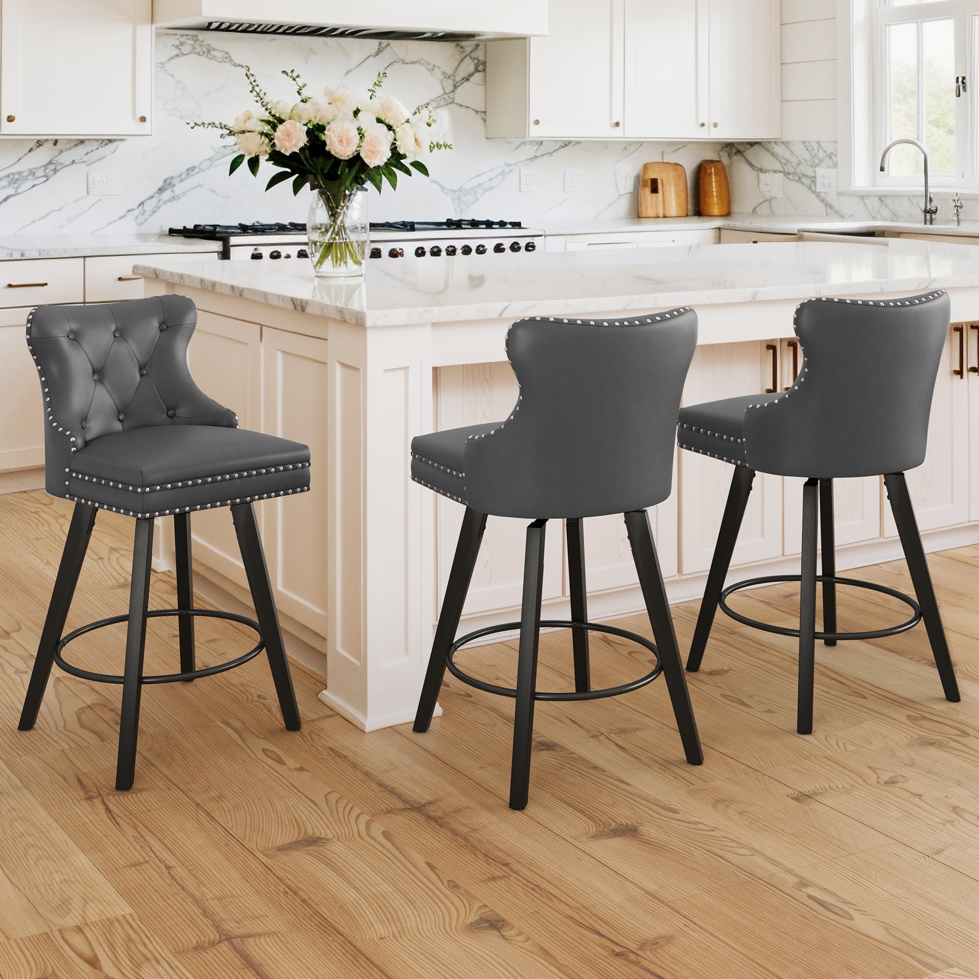 LUE BONA 3YB-121-02LS 3 -Set Dark Gary 27-Inches H Counter height Square seat Upholstered Swivel Wood Bar Stool and Back