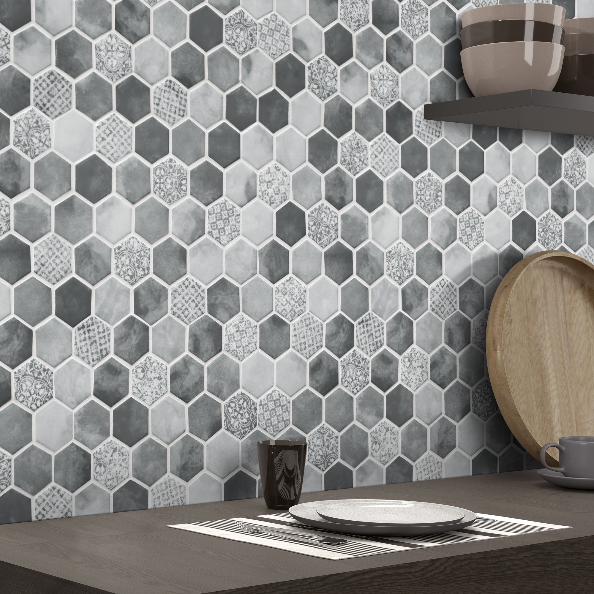 Gray Hexagon Recycled Glass Mosaic Wall and Floor Tile