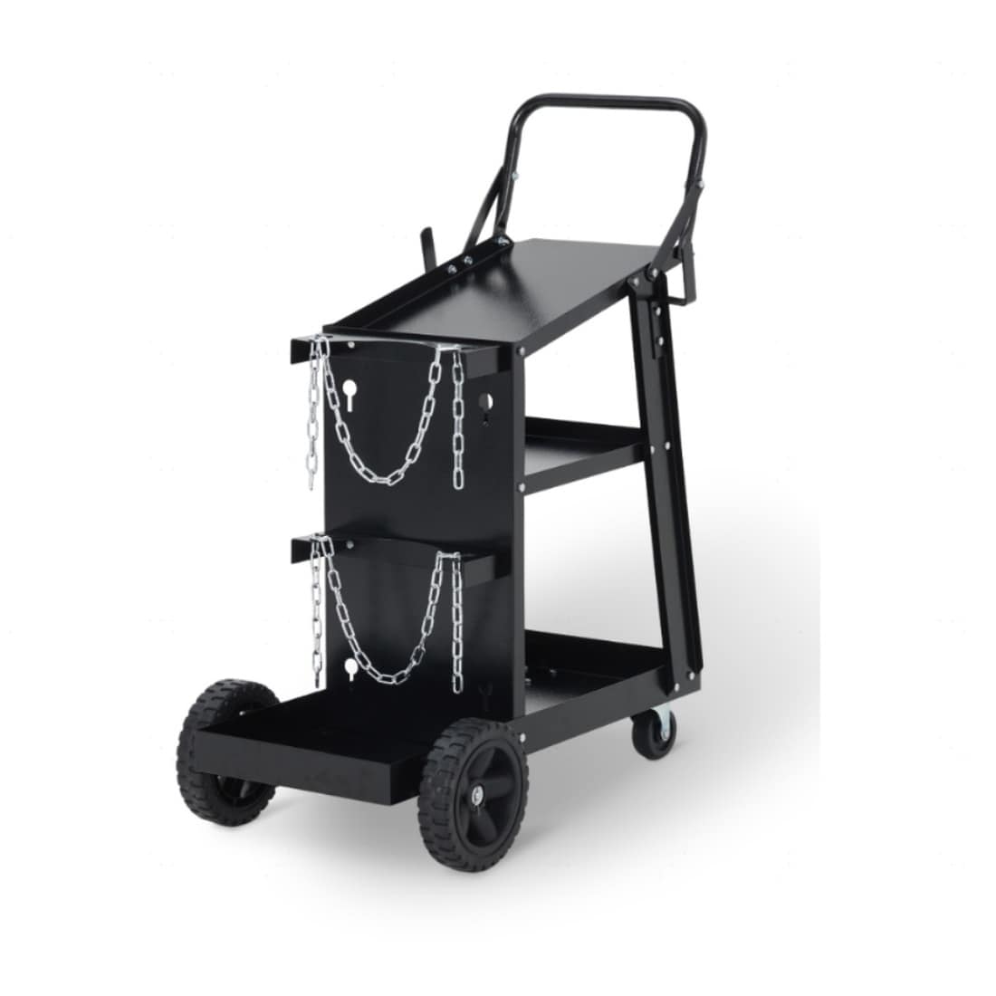 Aoile 28inx11.4inx23.6in 3 Tier Welding Cart With Gas Cylinder Safety Chain Anti Slip Push Handle 270LBS Static Load Black Steel Welding Equipment Trolley