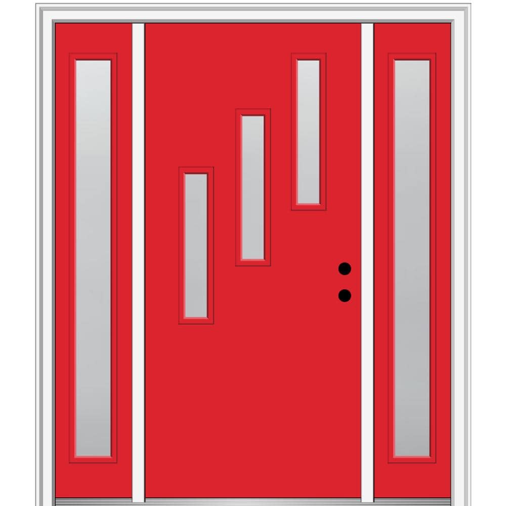 MMI DOOR ZZ350815L Spotlights 64-in x 80-in x 6-9/16-in Fiberglass Pulse lite Left-hand inswing Red Saffron Painted Prehung Front Door with Sidelights with Brickmould Insulating core