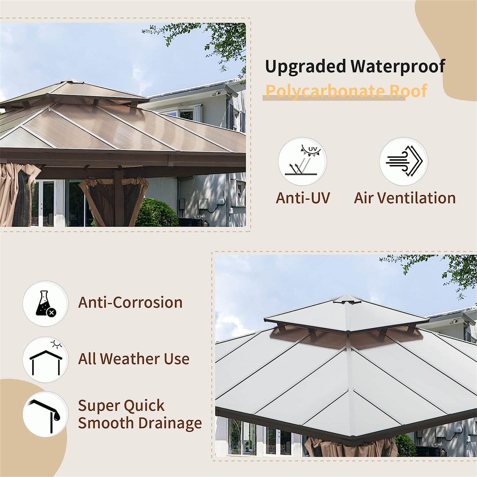 12'x12' Brown Aluminum Hardtop Patio Gazebo with Curtains