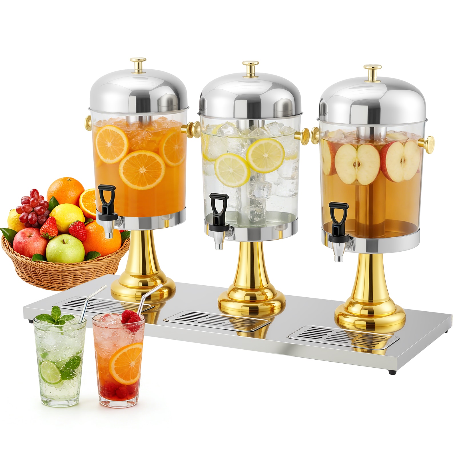 Aoile 6.6 Gallon Beverage Dispenser with Ice Core and Stand - Spigot and Drip Tray for Lemonade Iced Tea Juice Parties Weddings and Events - Gold