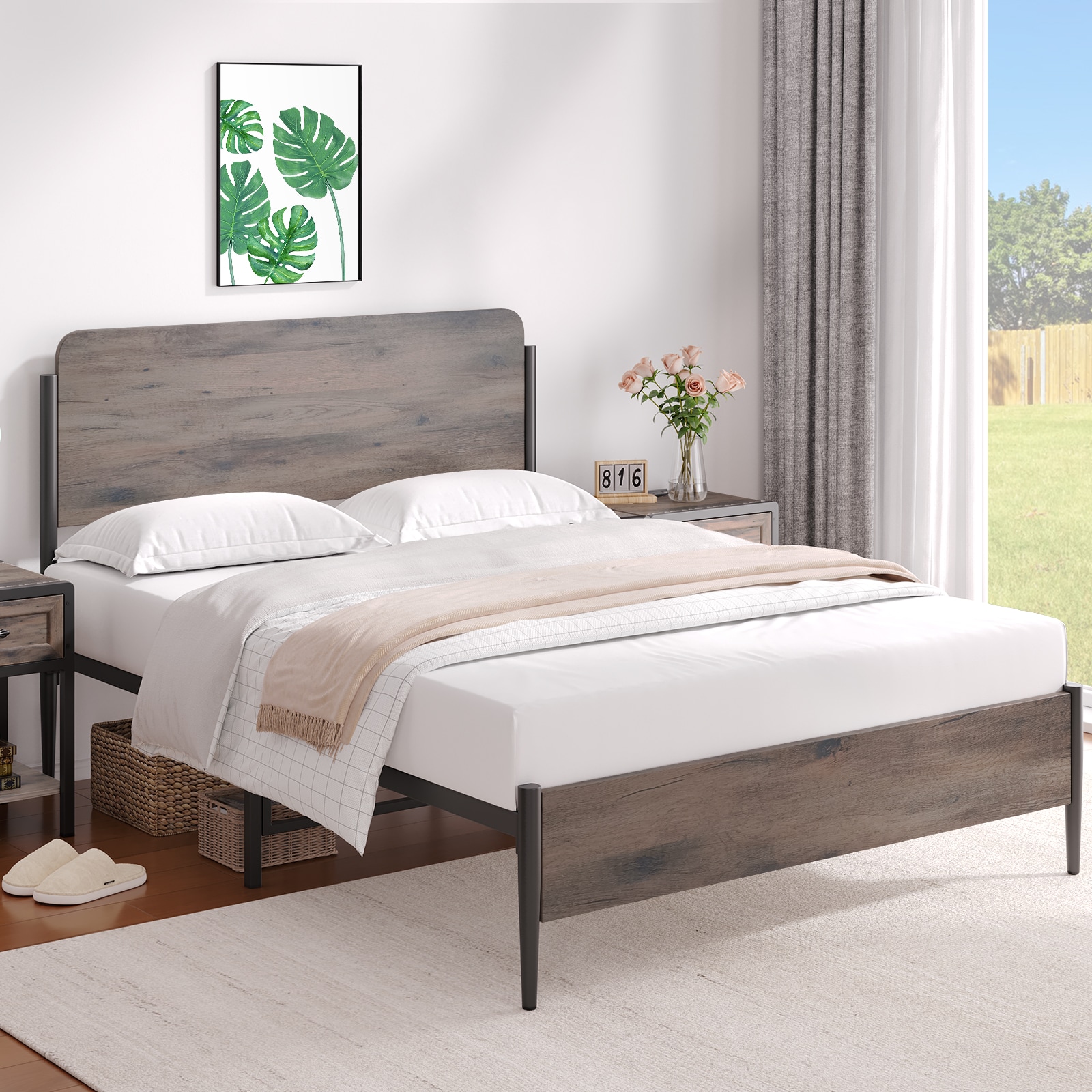 Garvee Walnut Queen Wood and Metal Platform Bed in the Beds department ...