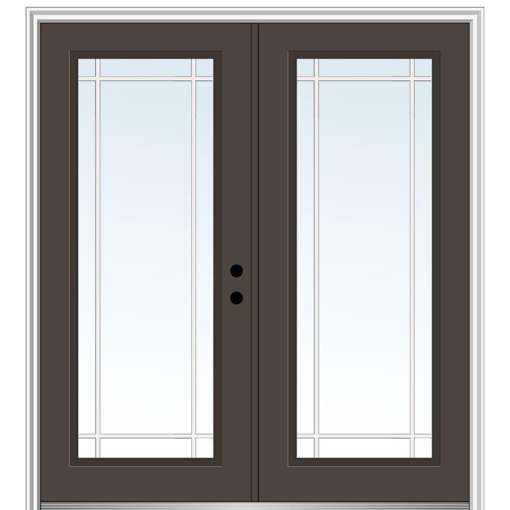 MMI DOOR ZZ05624L 60-in x 80-in x 4-9/16-in Fiberglass Full lite Left-hand inswing Brown Painted Prehung Double Front Door with Brickmould Insulating core with Grilles