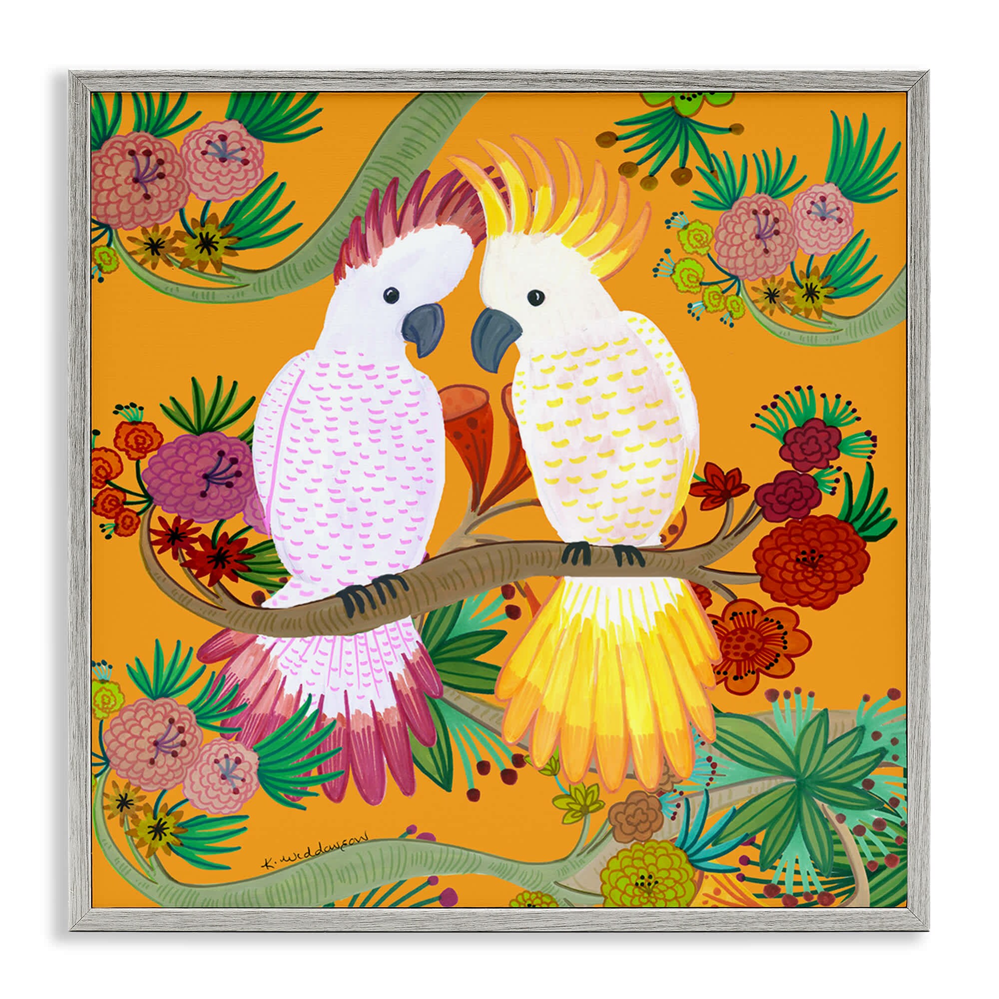 Stupell Industries BS-614-GFF-24X24 Bright Cockatoos and Foliage Gray Framed Giclee Art By Kay Widdowson 24 x 24