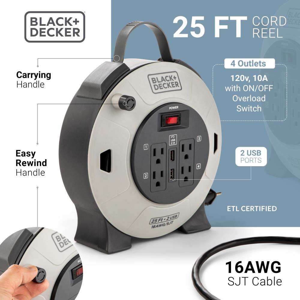 BLACK+DECKER Black + Decker Cord Reel 25-ft 16 / 3-Prong Indoor/Outdoor Sjt  Light Duty General Extension Cord in the Extension Cord Accessories  department at