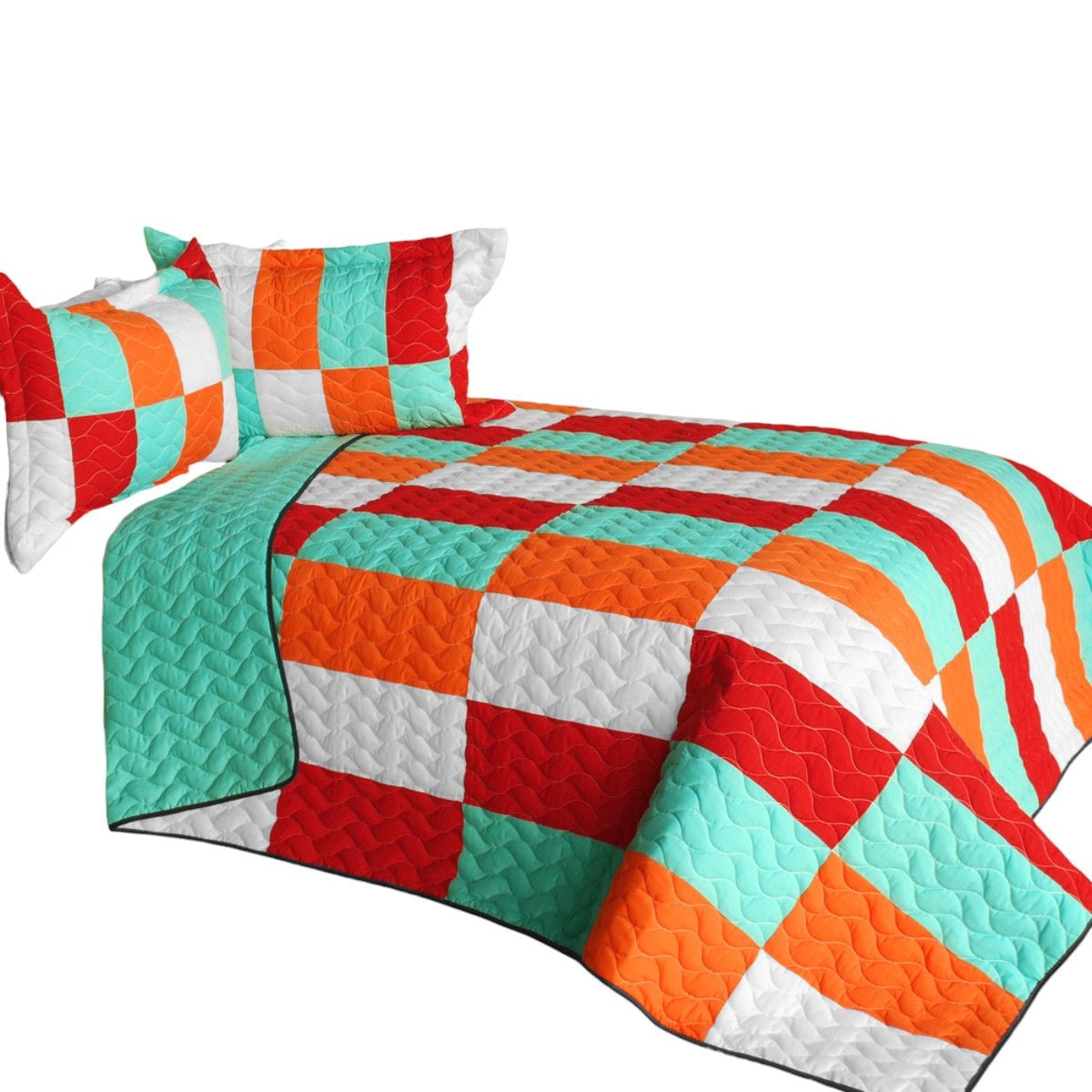 Slickblue 3 Piece Full/Queen Checkered Board Quilt Set Reversible Vermicelli Quilted Machine Washable Bedding for Bedroom and Guest Room - Orange/Purple