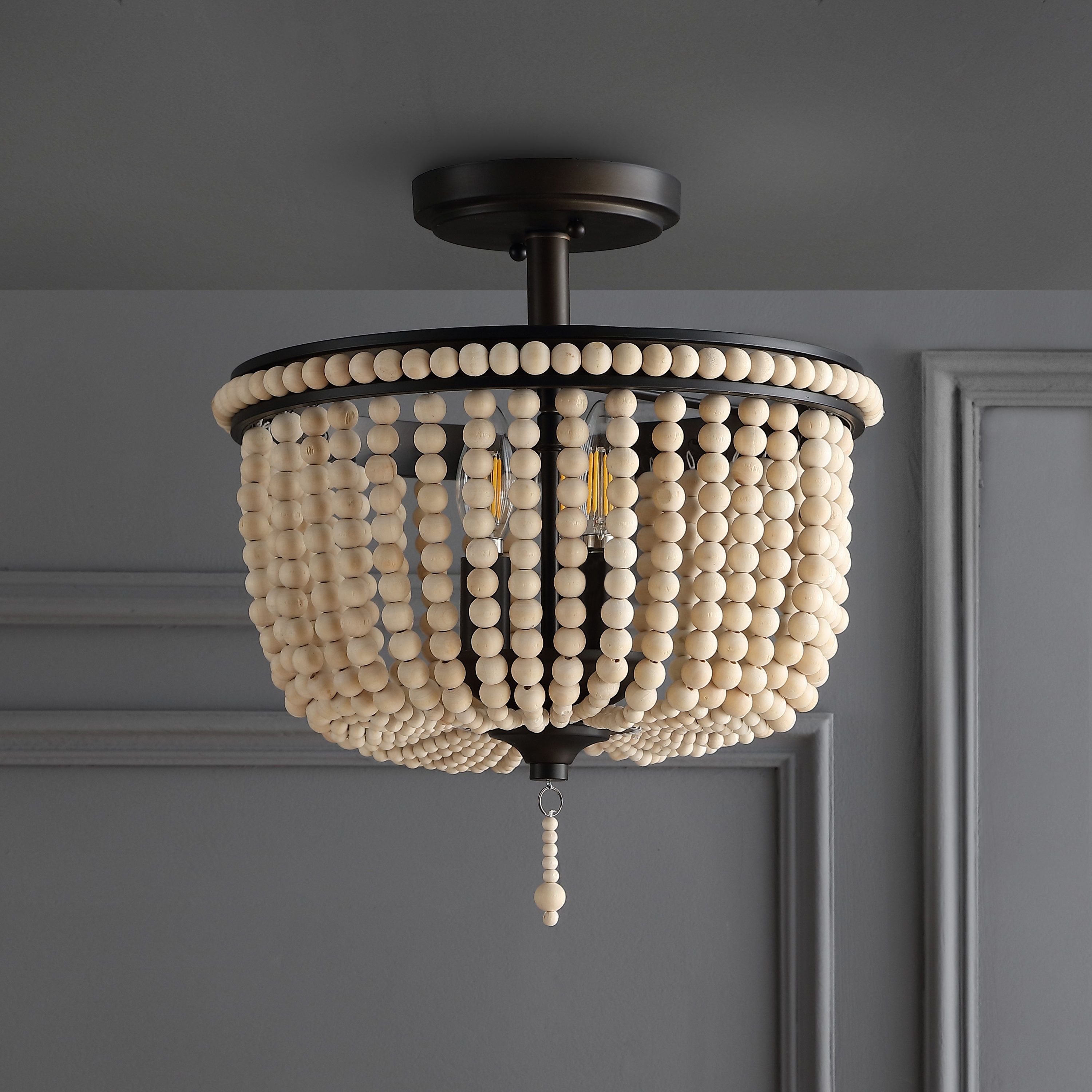 JONATHAN Y Allie Wood Bead/Iron Bohemian Farmhouse 3-Light Black LED ...