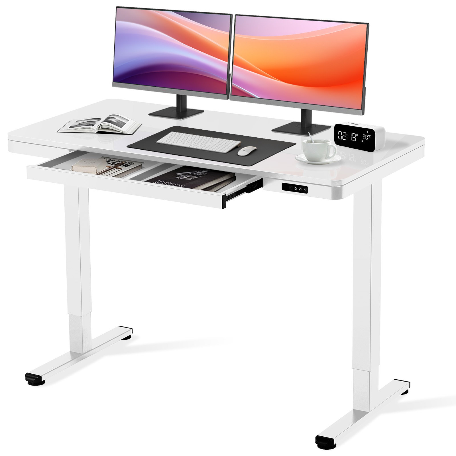 GTPLAYER LOWE'S-DTS310-120-WT White Glass Surface Standing Desk with Drawers Electric Adjustable Height Stand Up Desk