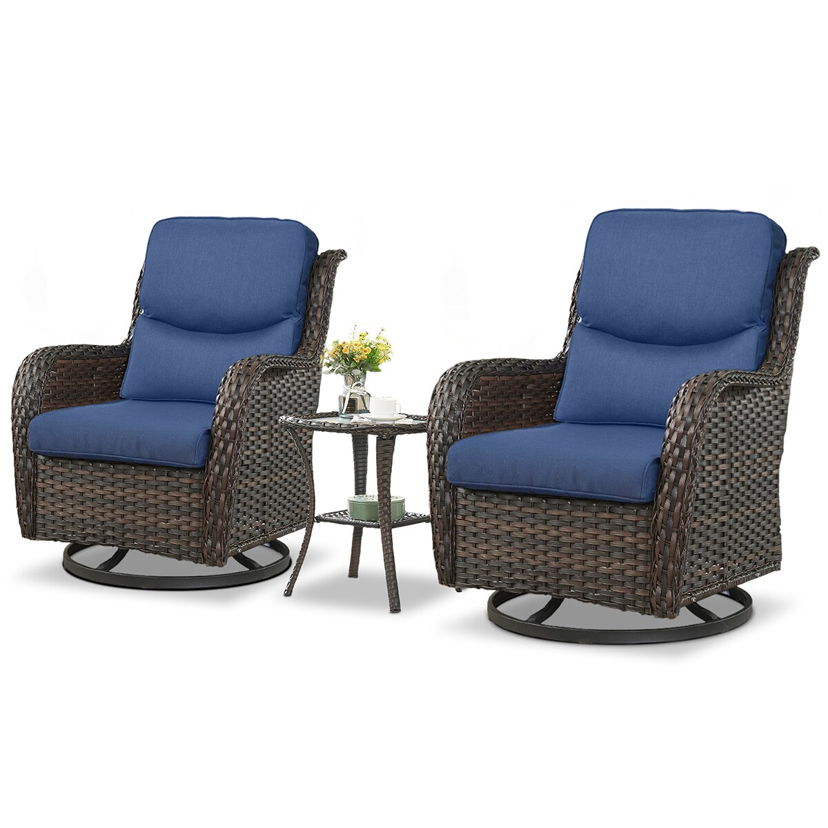 Rilyson Smiley Set of 2 Wicker Brown Wicker Frame Swivel glider Conversation Chair with Brown Cushioned Seat