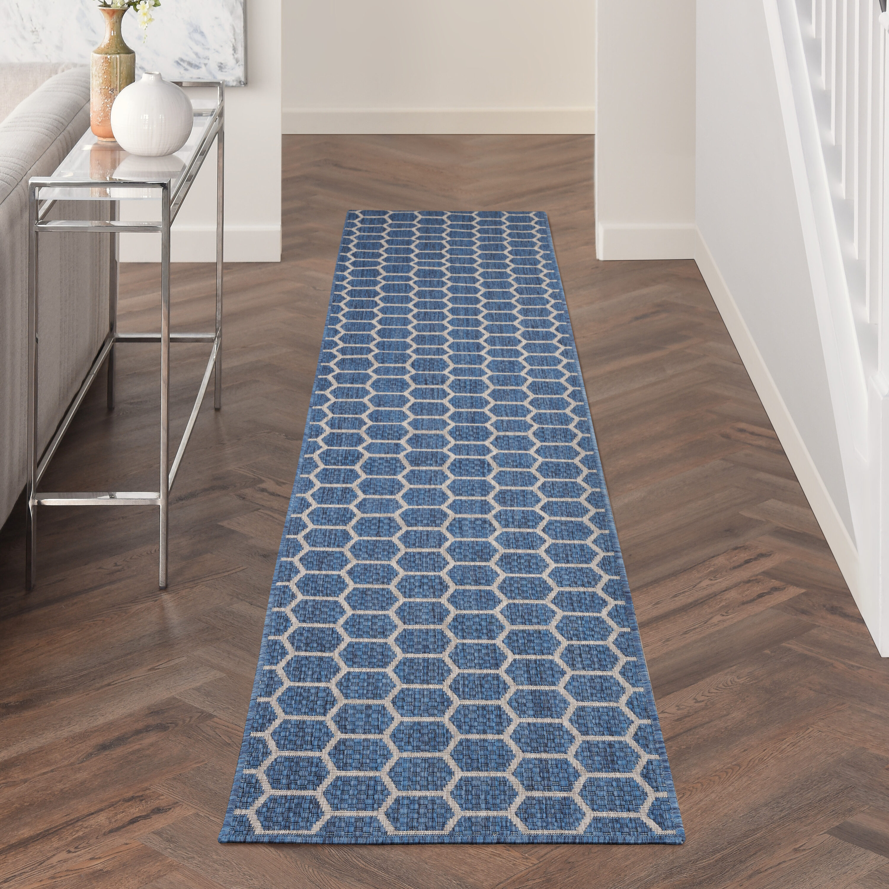 Nourison Home 099446974006 Reversible Indoor Outdoor 2 x 10 (ft) Polyester/Polypropylene Blue Rectangular Indoor/Outdoor Geometric Runner rug