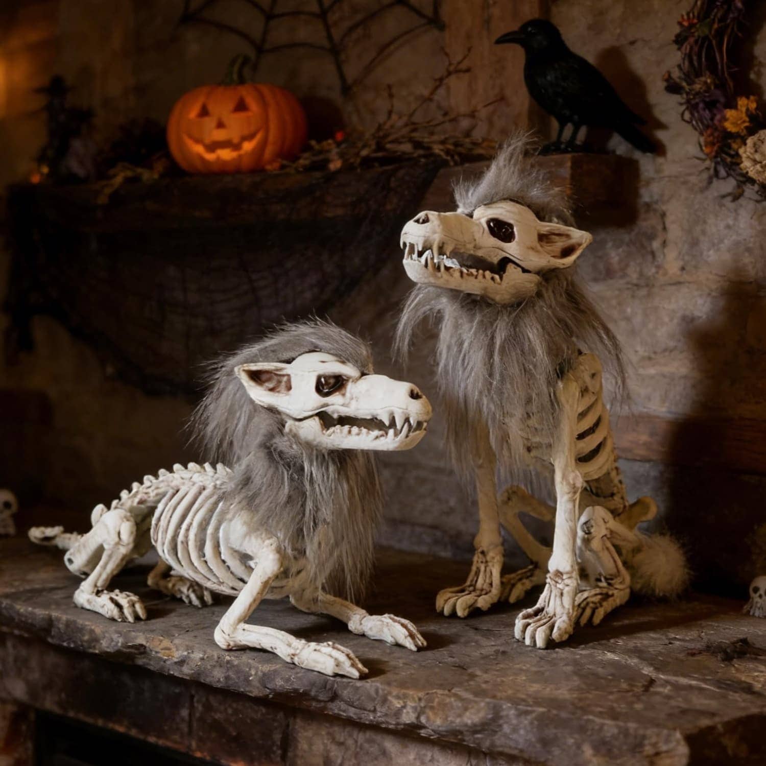 OGETFUUR 10 Inch Realistic-Fur Halloween Skeleton Wolves with Gray Coat and Different Poses for Yard Graveyard 2 Pcs Halloween Decor with Creepy Expressions for Haunted Scenes