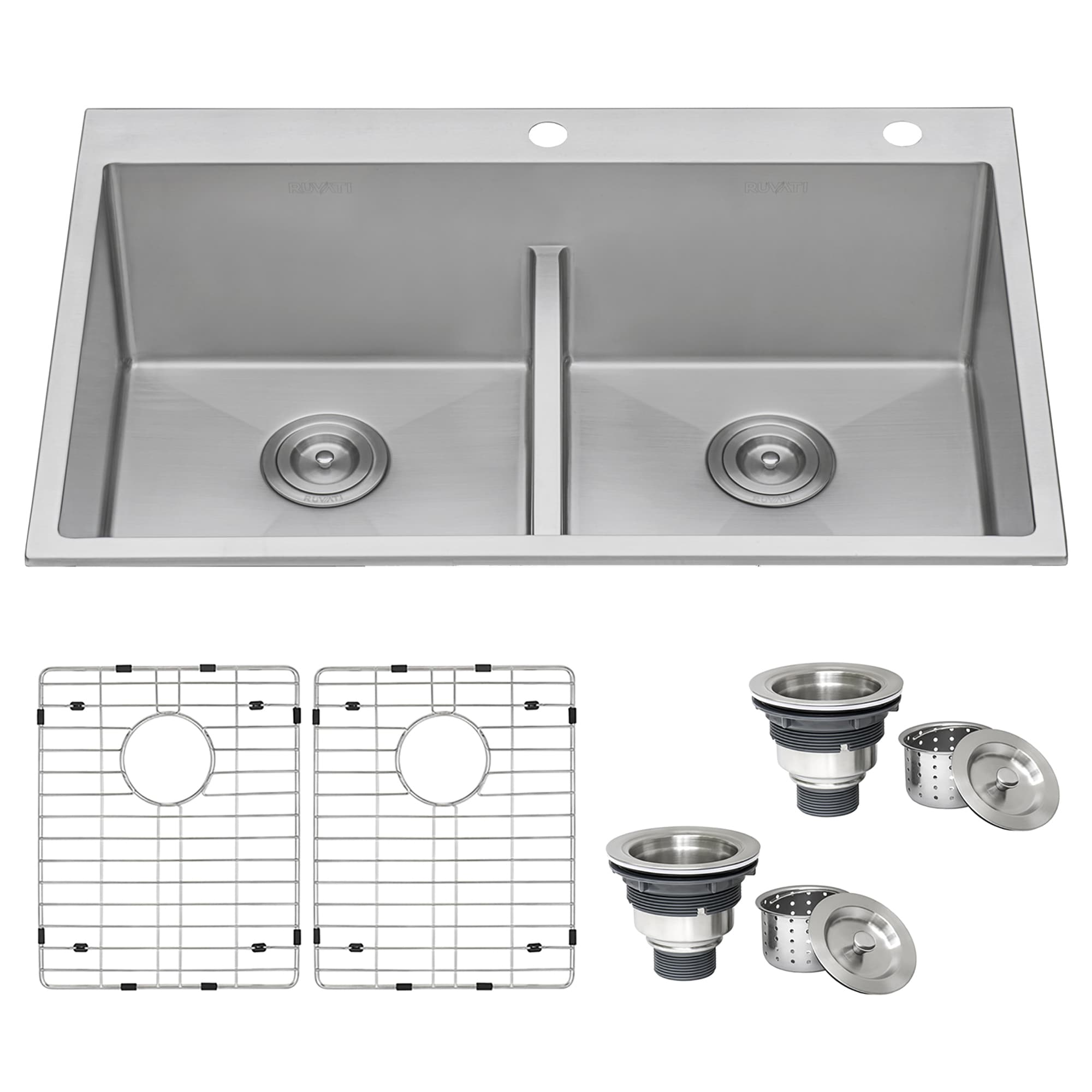 Ruvati Tirana Drop-In 33-in x 22-in Brushed Stainless Steel Double Equal  Bowl 2-Hole Kitchen Sink in the Kitchen Sinks department at