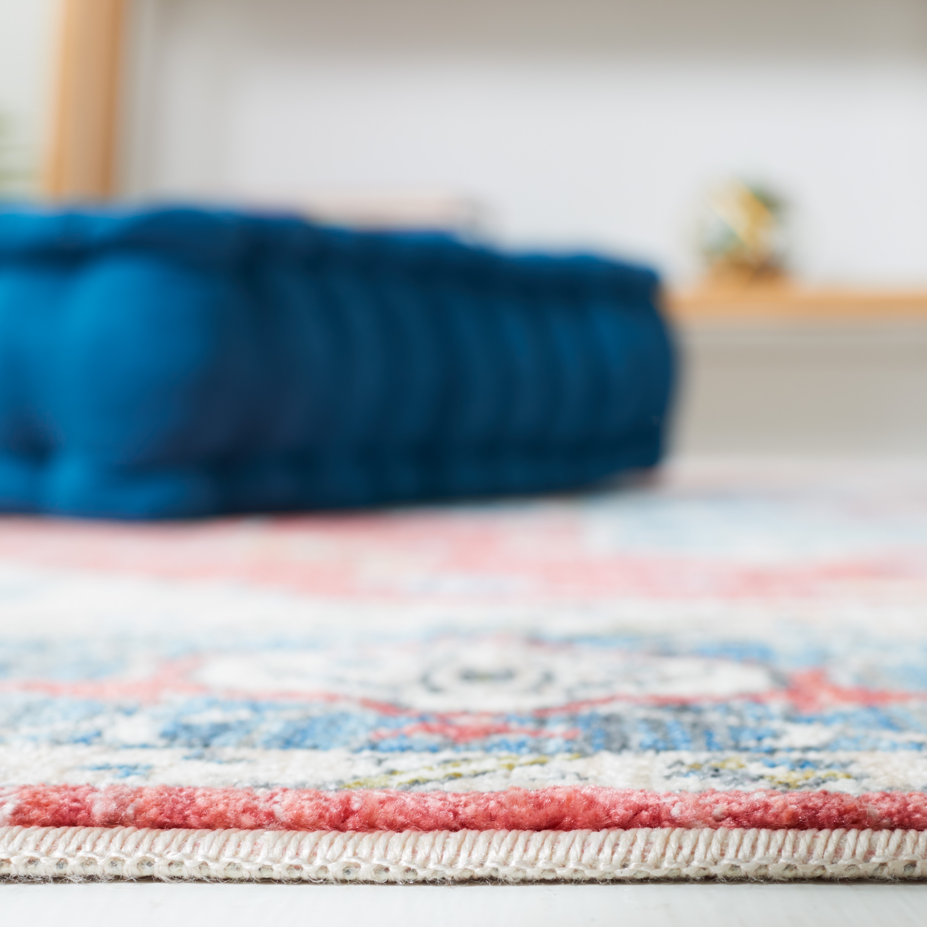 Red and Blue Floral Motif Low Pile Runner Rug