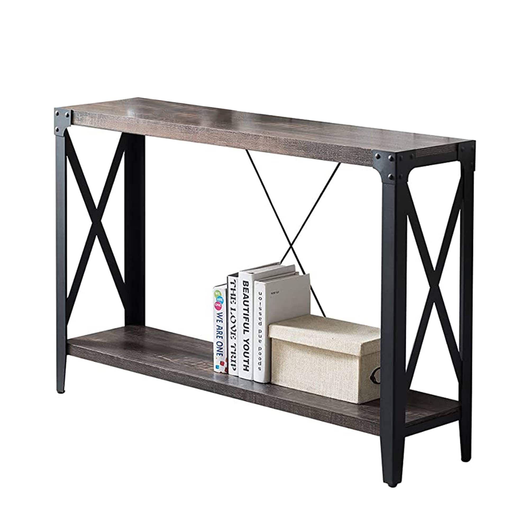 OKD 305402 46 Inch 2-Tier Console Sofa Hallway Entryway Accent Table  Dark Rustic Oak