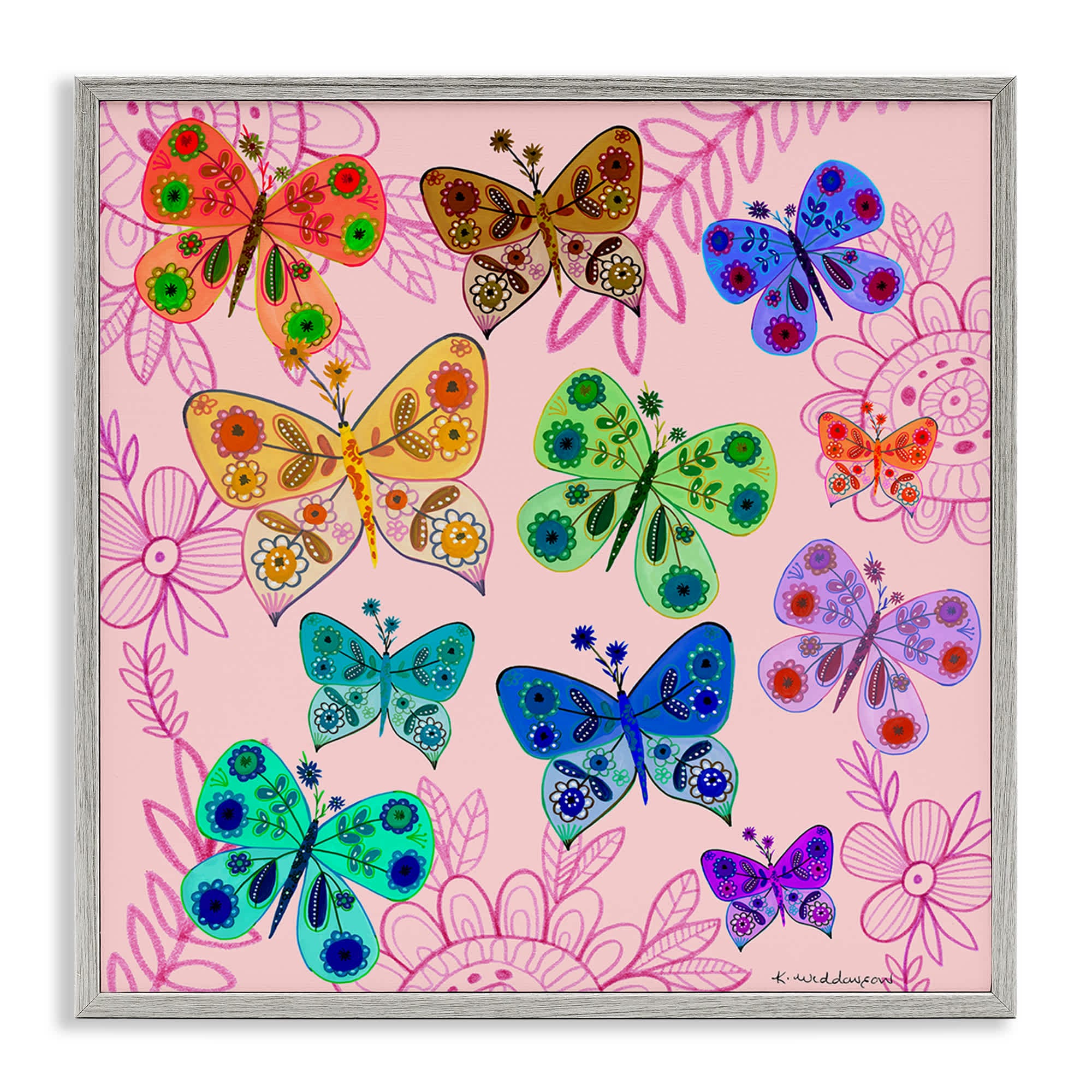 Stupell Industries BS-595-GFF-24X24 Bright Patterned Butterflies Gray Framed Giclee Art By Kay Widdowson 24 x 24