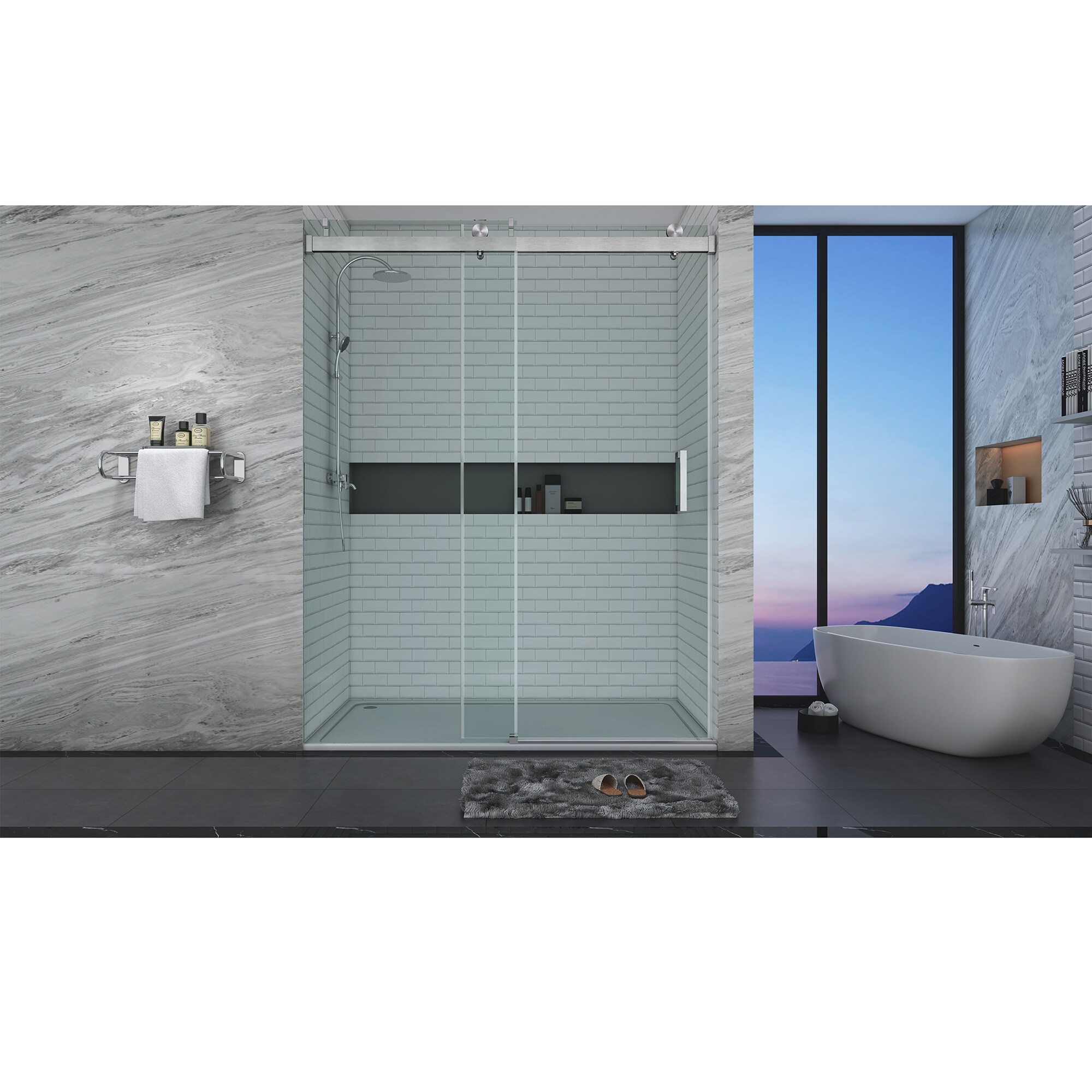 CASAINC CVY-SS08-60BR Shower Door Brushed Nickel 57-in to 60-in W x 76-Inches H Frameless Standard Sliding Soft Close Shower door 3/8-in Thick Clear Glass