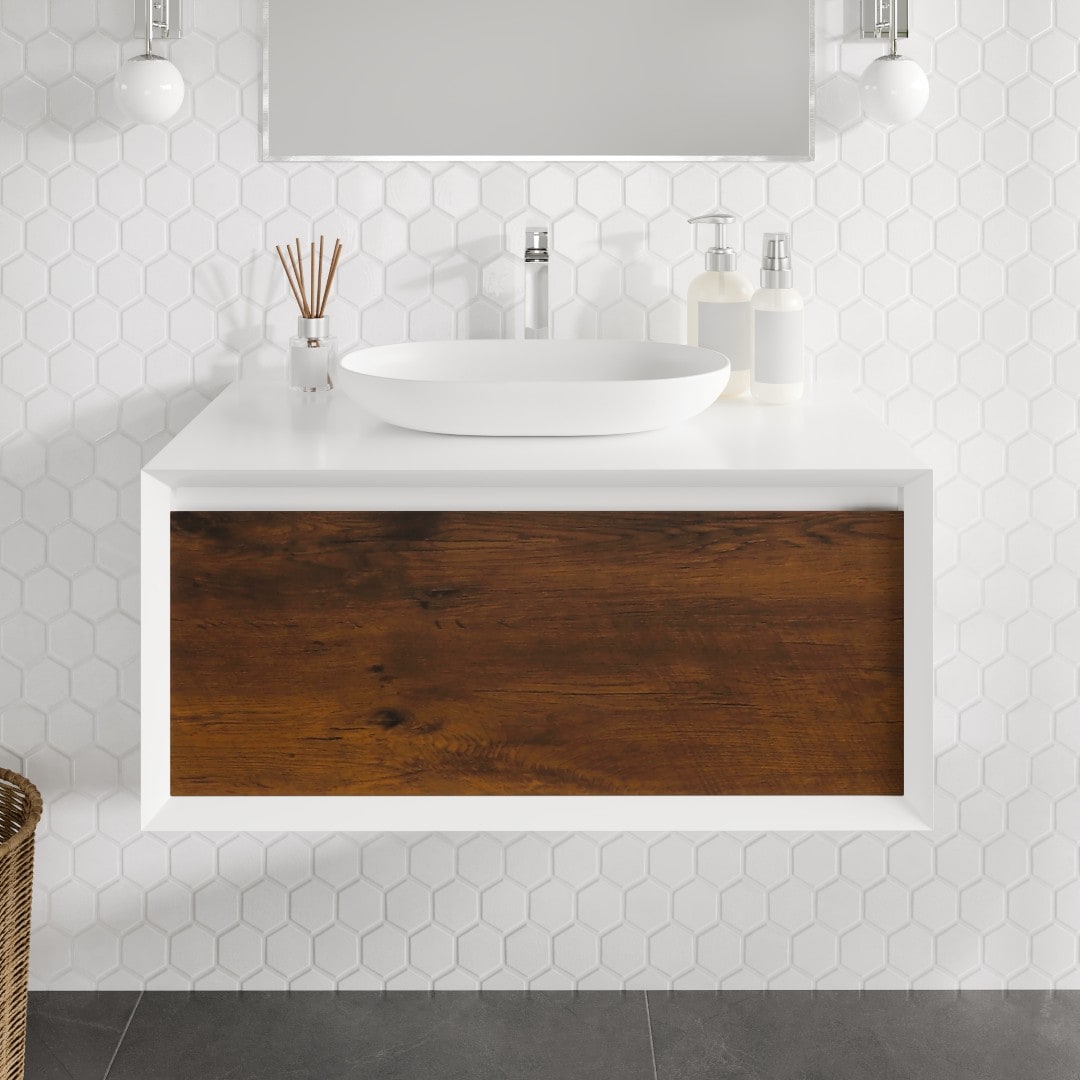 Eviva EVVN555-36RSWD Santa Monica 36-in Rosewood Single Sink Floating Bathroom Vanity with White Solid Surface Top