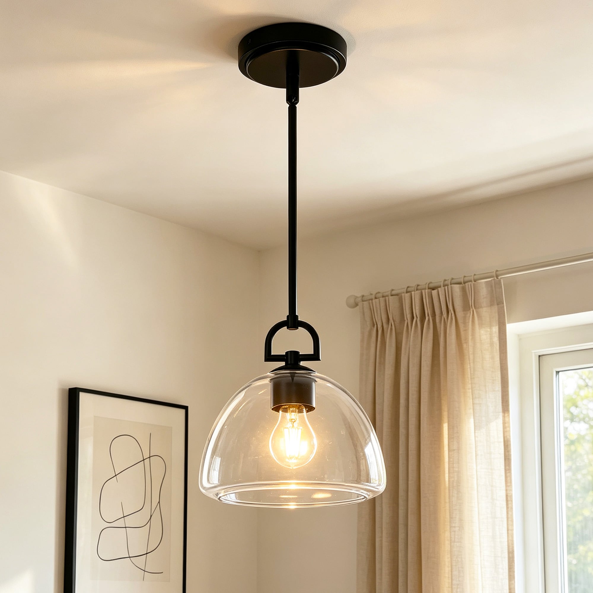 Lanmate  Black Pendant Light Dome Clear Glass with Adjustable Metal Rod for Kitchen Island Dining Room Entryway Decor Pendant Lighting for Kitchen 8.66-in