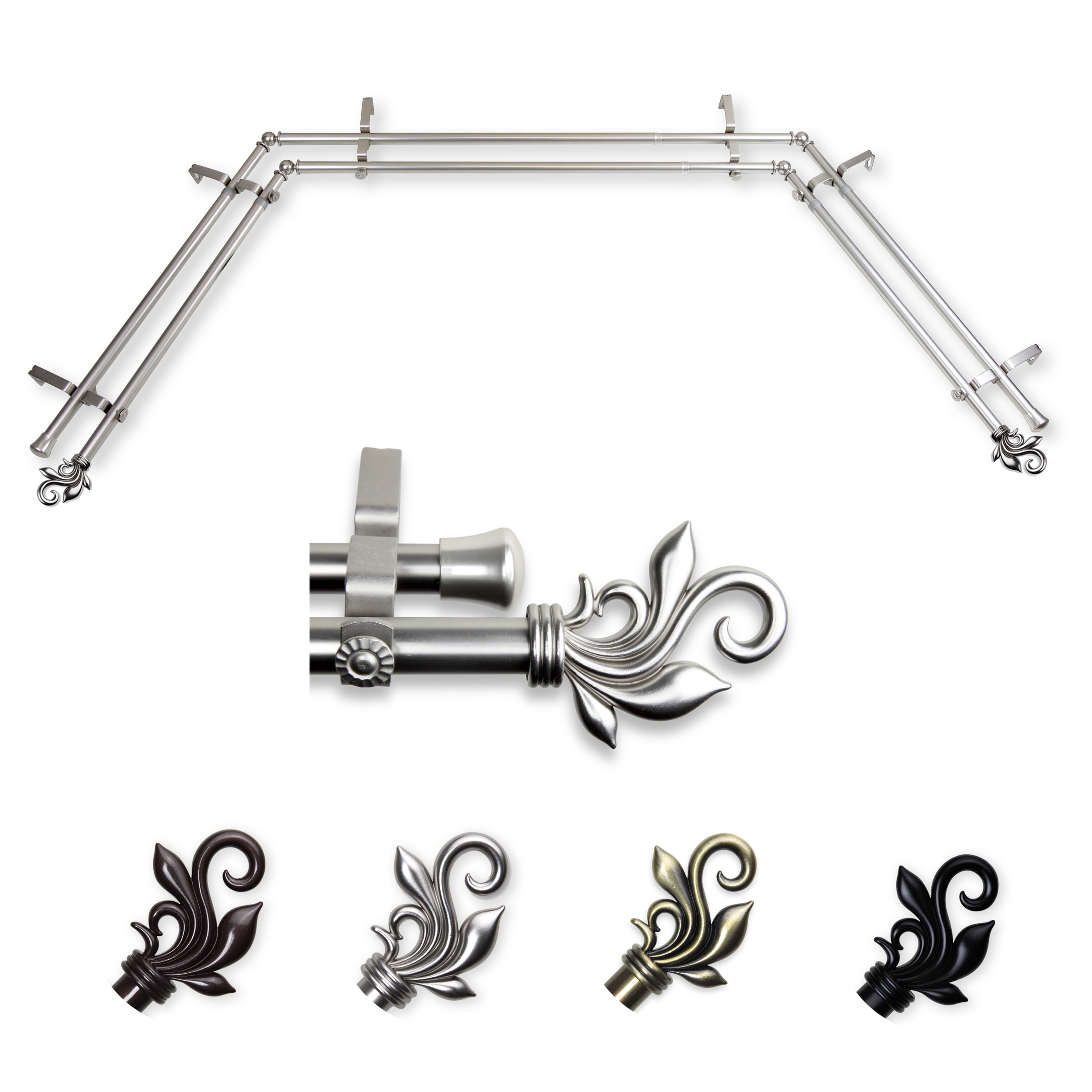 Hart & Harlow LO-ABAY-74-5D 72-in to 144-in Satin Nickel Steel Bay window curtain rod with Finials