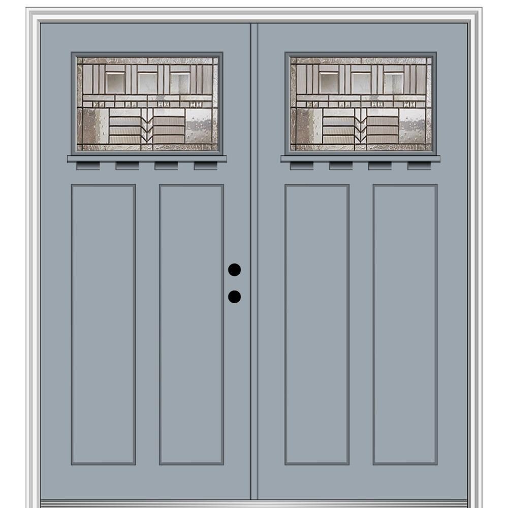 MMI DOOR ZZ3665015L 72-in x 80-in x 4-9/16-in Fiberglass Craftsman Left-hand inswing Storm Cloud Painted Prehung Double Front Door with Brickmould Insulating core