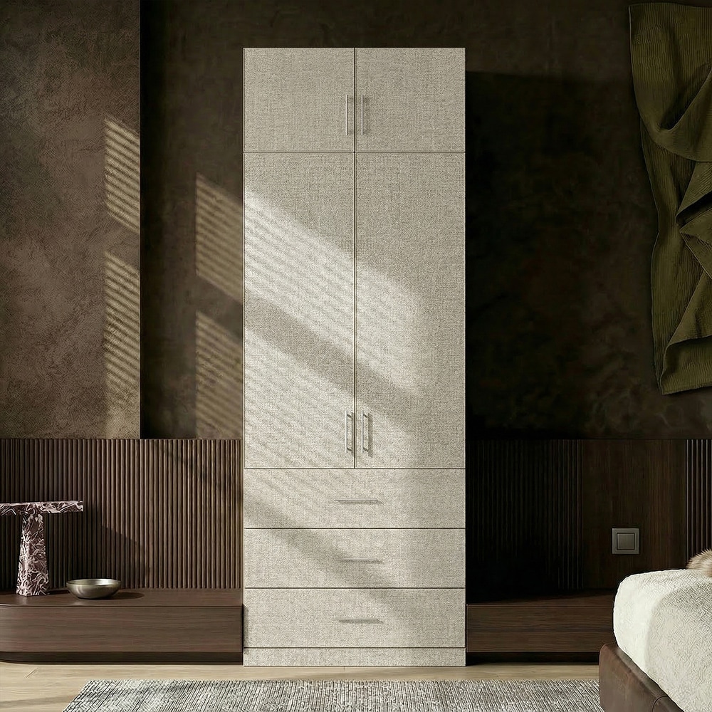 Homsee Linen Texture Wardrobe Cabinet with Upper Storage with Closet Rods Shelves Drawers Upper Cabinets 31.5''W x 23.6''D x 92.8''H Linen Beige
