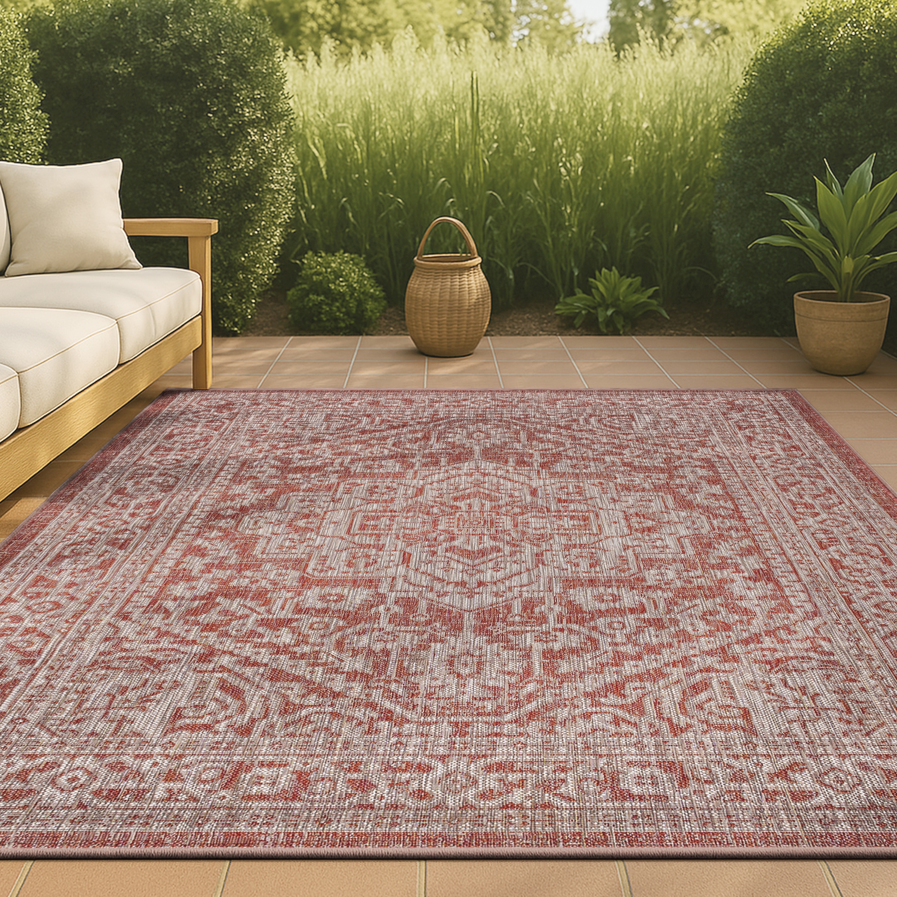 JONATHAN  Y SMB101A-8 Santa Monica Sinjuri Textured Weave 8 x 10 (ft) Loomed Polypropylene Red/Taupe Rectangular Indoor/Outdoor Border Coastal Area rug